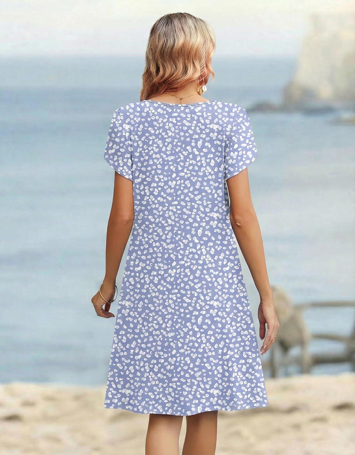 imageZeagoo Womens Casual Dresses with Pockets Summer Floral VNeck ALine Tshirt Dress Short Sleeve Mini Dress Beach SundressGrey Bluewhite