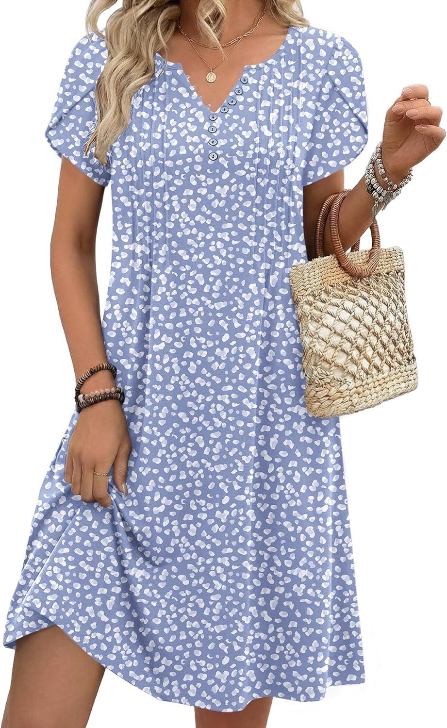 imageZeagoo Womens Casual Dresses with Pockets Summer Floral VNeck ALine Tshirt Dress Short Sleeve Mini Dress Beach SundressGrey Bluewhite