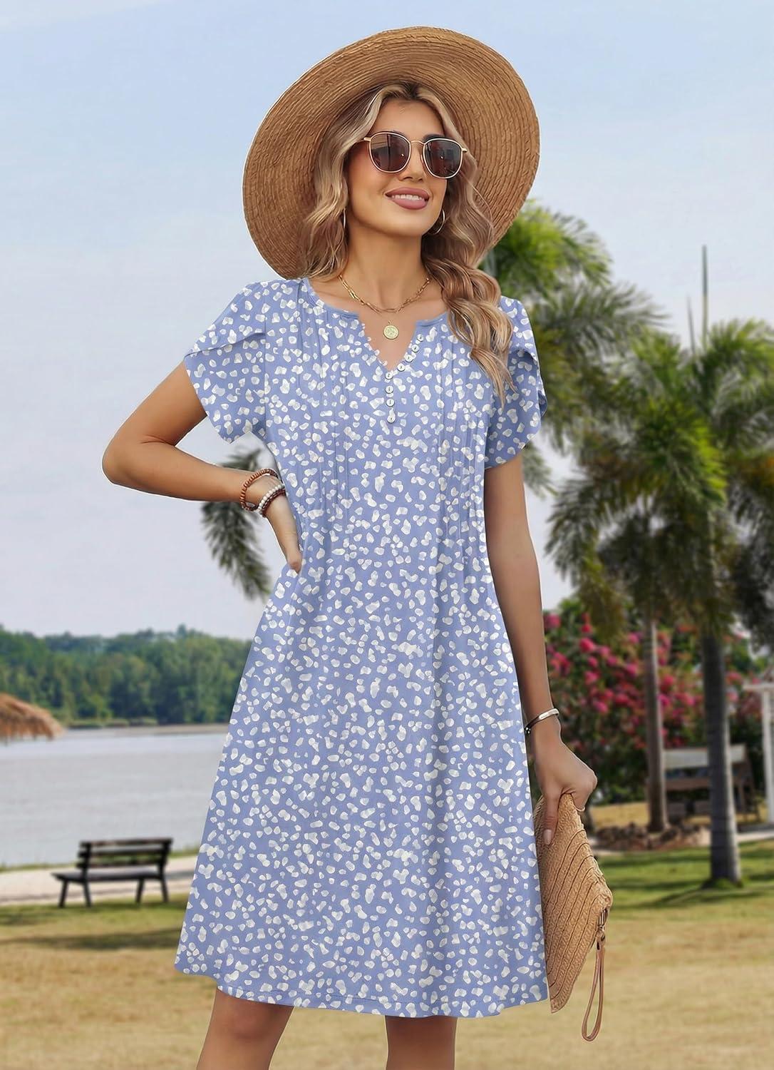 imageZeagoo Womens Casual Dresses with Pockets Summer Floral VNeck ALine Tshirt Dress Short Sleeve Mini Dress Beach SundressGrey Bluewhite