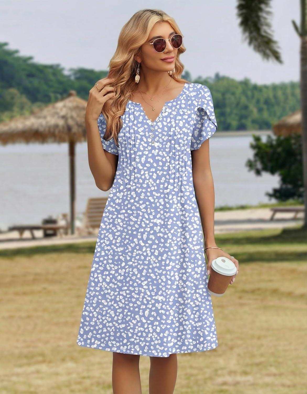 imageZeagoo Womens Casual Dresses with Pockets Summer Floral VNeck ALine Tshirt Dress Short Sleeve Mini Dress Beach SundressGrey Bluewhite
