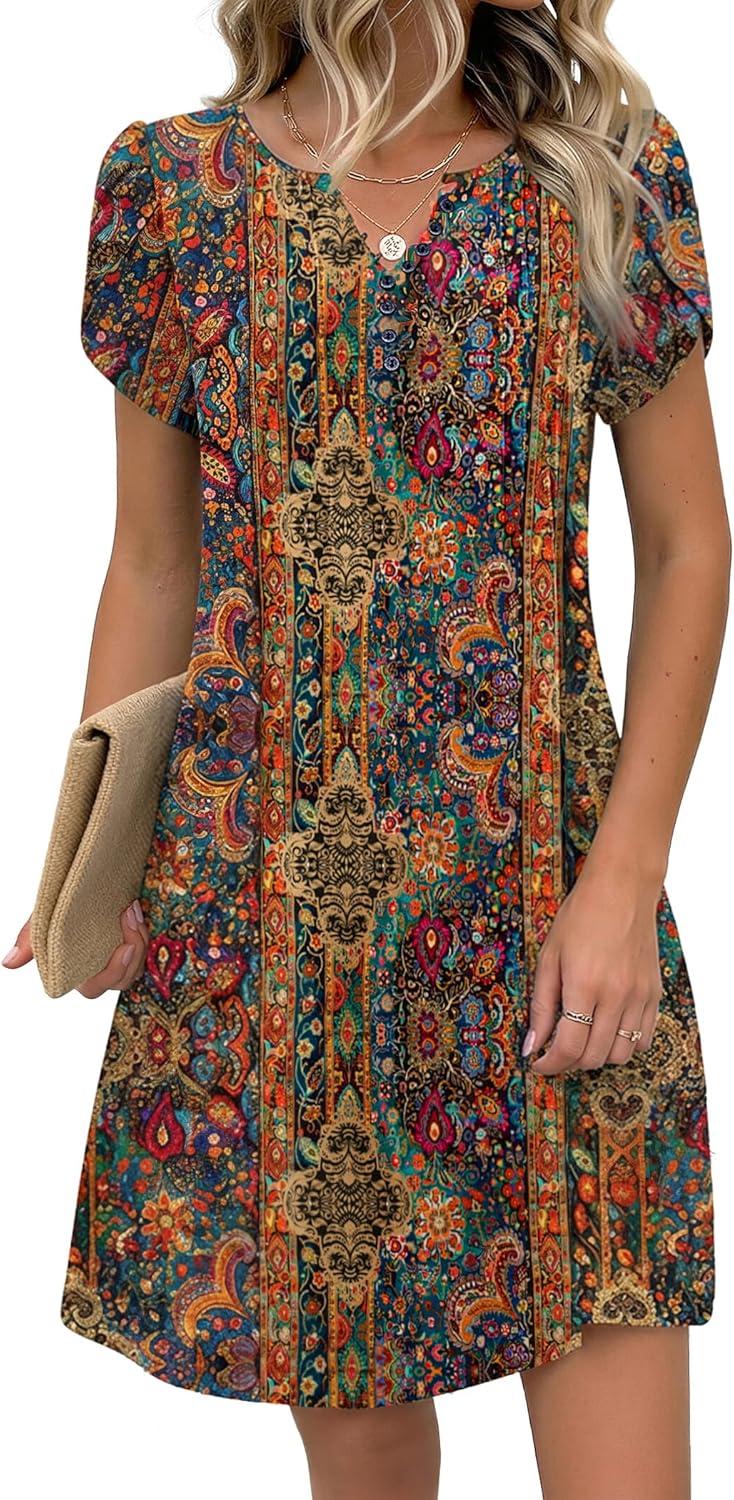 imageZeagoo Womens Casual Dresses with Pockets Summer Floral VNeck ALine Tshirt Dress Short Sleeve Mini Dress Beach SundressMulticolor