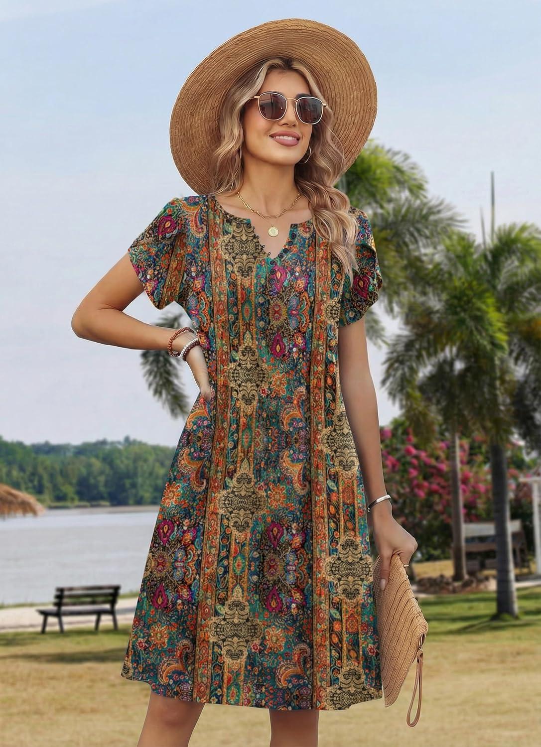 imageZeagoo Womens Casual Dresses with Pockets Summer Floral VNeck ALine Tshirt Dress Short Sleeve Mini Dress Beach SundressMulticolor
