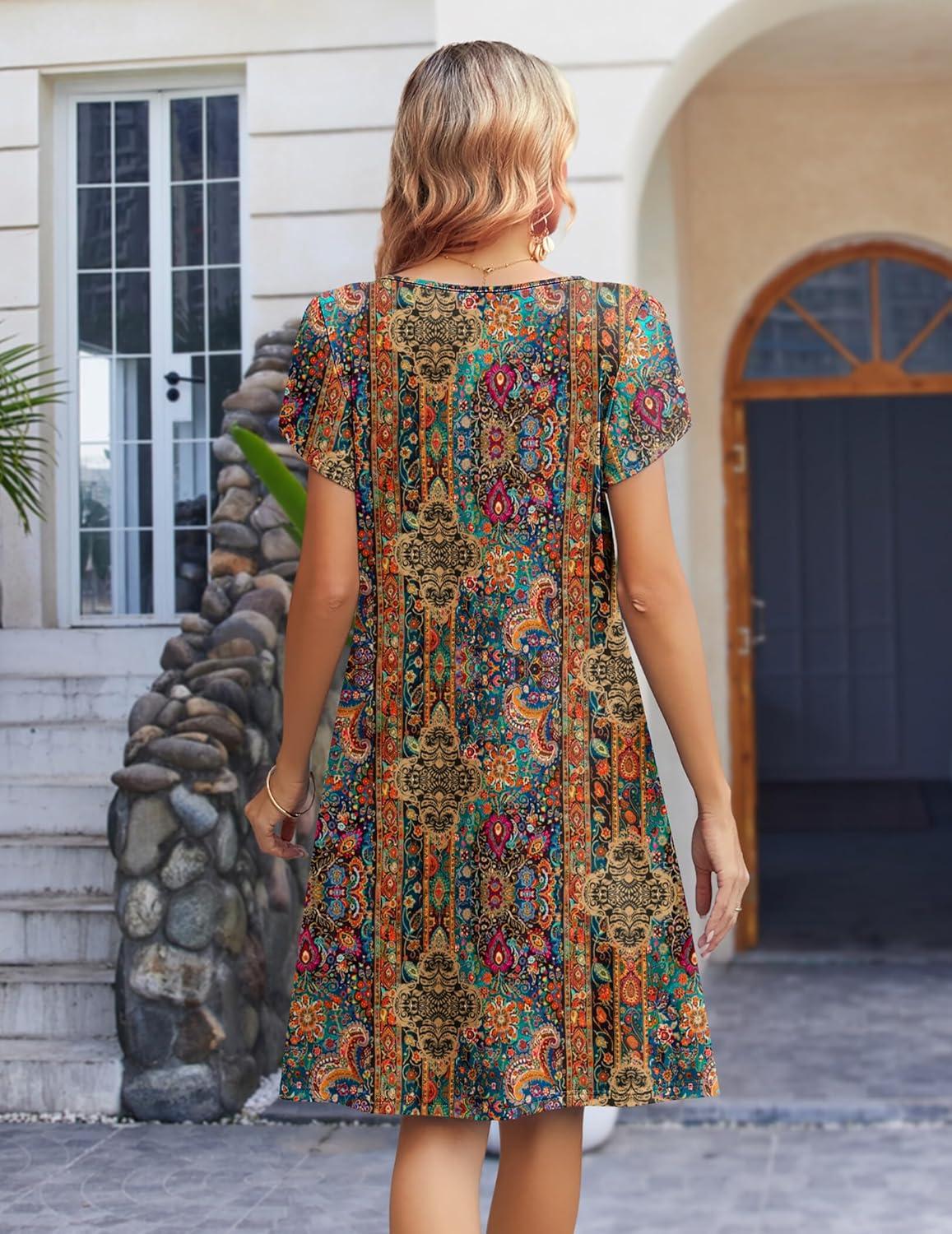 imageZeagoo Womens Casual Dresses with Pockets Summer Floral VNeck ALine Tshirt Dress Short Sleeve Mini Dress Beach SundressMulticolor