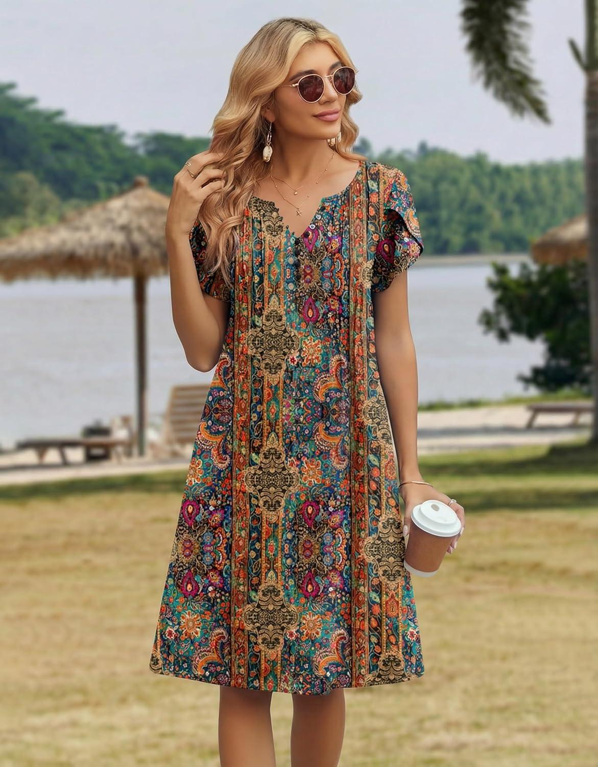 imageZeagoo Womens Casual Dresses with Pockets Summer Floral VNeck ALine Tshirt Dress Short Sleeve Mini Dress Beach SundressMulticolor