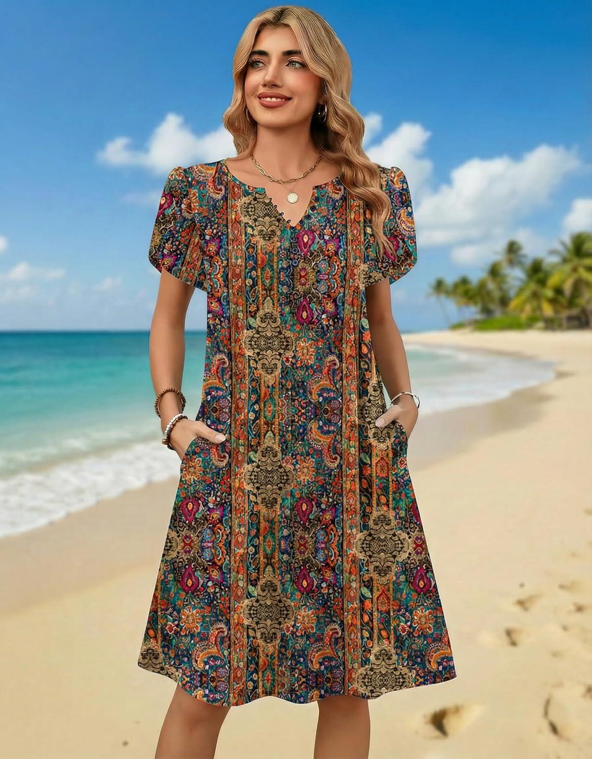 imageZeagoo Womens Casual Dresses with Pockets Summer Floral VNeck ALine Tshirt Dress Short Sleeve Mini Dress Beach SundressMulticolor