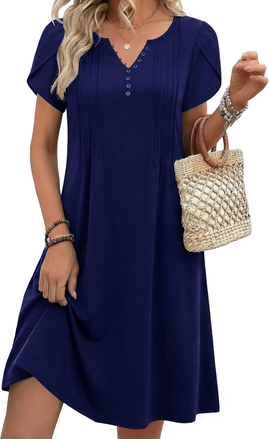 imageZeagoo Womens Casual Dresses with Pockets Summer Floral VNeck ALine Tshirt Dress Short Sleeve Mini Dress Beach SundressNavy Blue