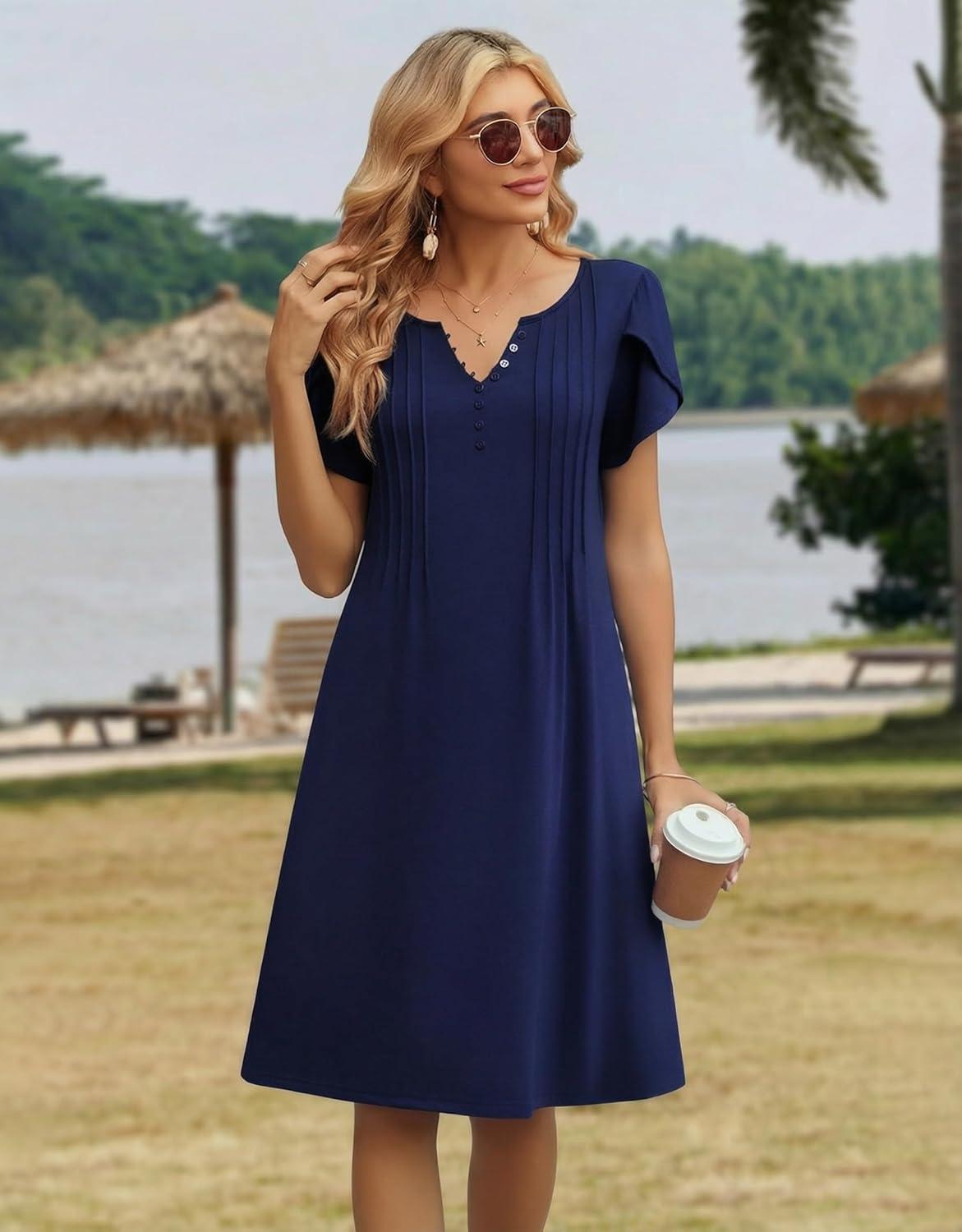 imageZeagoo Womens Casual Dresses with Pockets Summer Floral VNeck ALine Tshirt Dress Short Sleeve Mini Dress Beach SundressNavy Blue