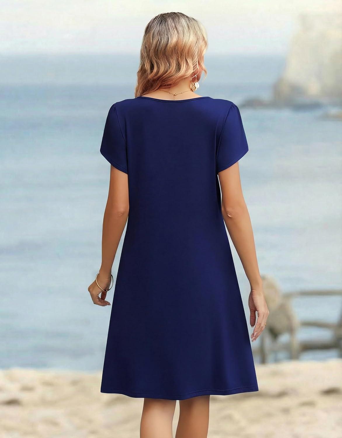 imageZeagoo Womens Casual Dresses with Pockets Summer Floral VNeck ALine Tshirt Dress Short Sleeve Mini Dress Beach SundressNavy Blue
