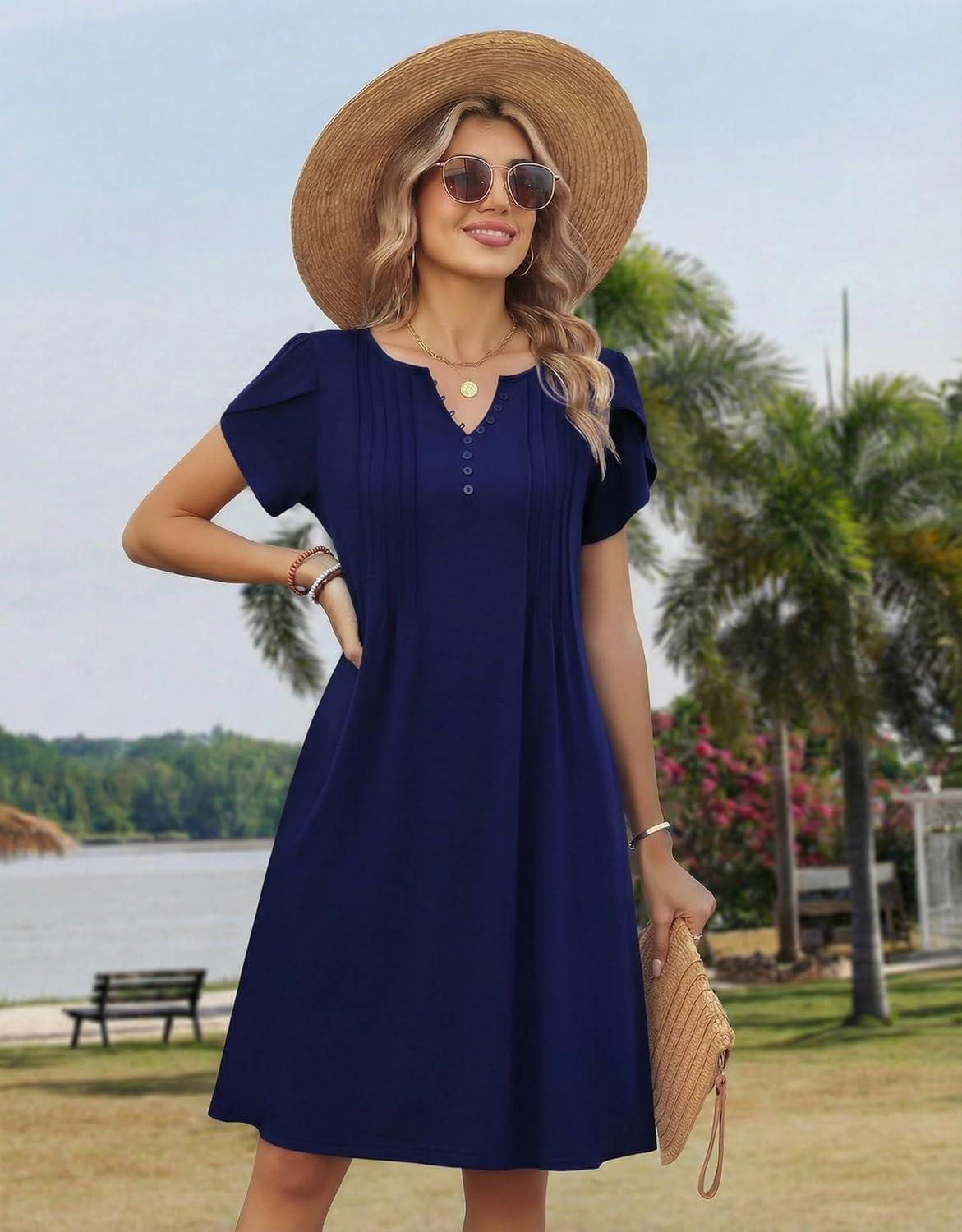 imageZeagoo Womens Casual Dresses with Pockets Summer Floral VNeck ALine Tshirt Dress Short Sleeve Mini Dress Beach SundressNavy Blue