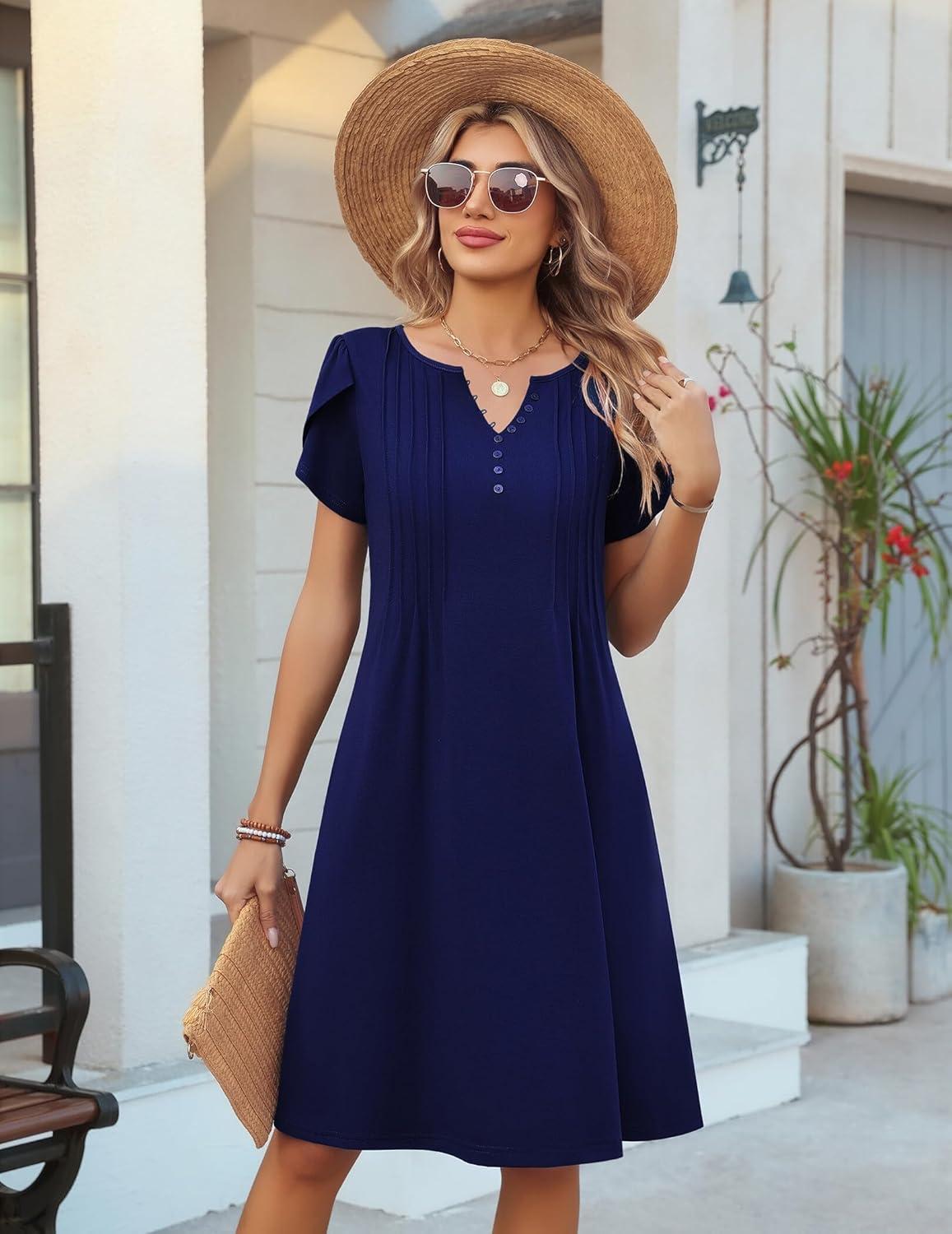 imageZeagoo Womens Casual Dresses with Pockets Summer Floral VNeck ALine Tshirt Dress Short Sleeve Mini Dress Beach SundressNavy Blue