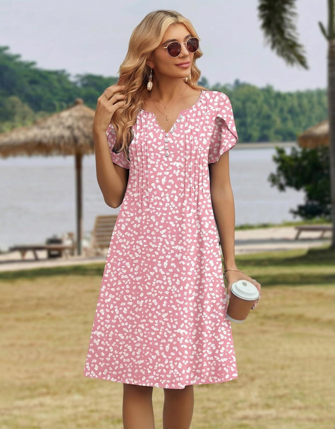 imageZeagoo Womens Casual Dresses with Pockets Summer Floral VNeck ALine Tshirt Dress Short Sleeve Mini Dress Beach SundressPinkwhite