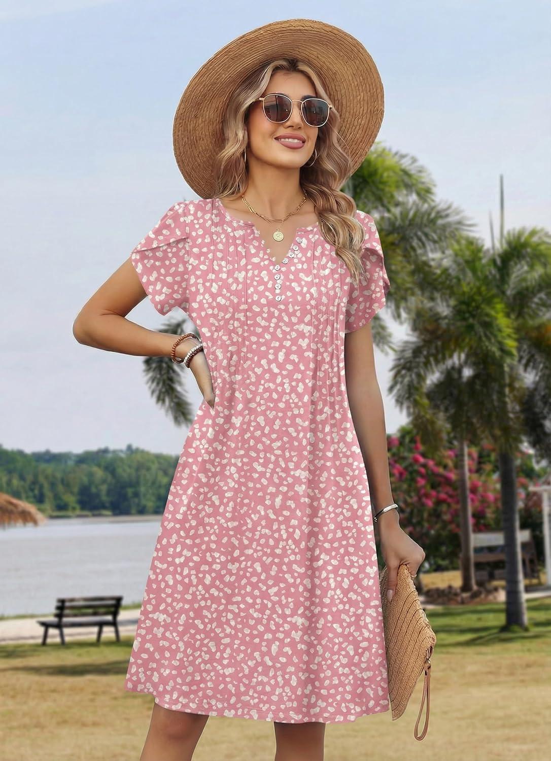 imageZeagoo Womens Casual Dresses with Pockets Summer Floral VNeck ALine Tshirt Dress Short Sleeve Mini Dress Beach SundressPinkwhite