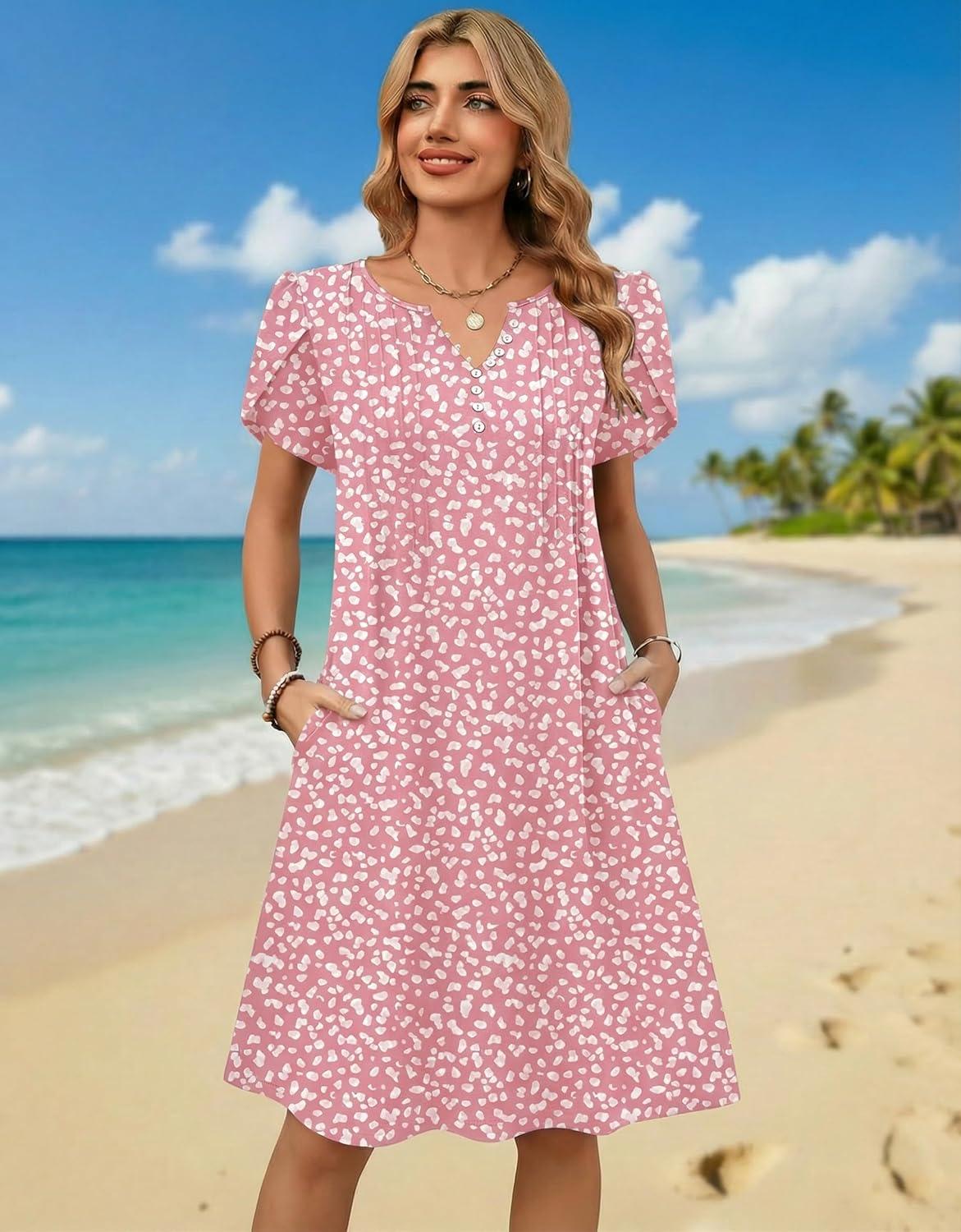 imageZeagoo Womens Casual Dresses with Pockets Summer Floral VNeck ALine Tshirt Dress Short Sleeve Mini Dress Beach SundressPinkwhite