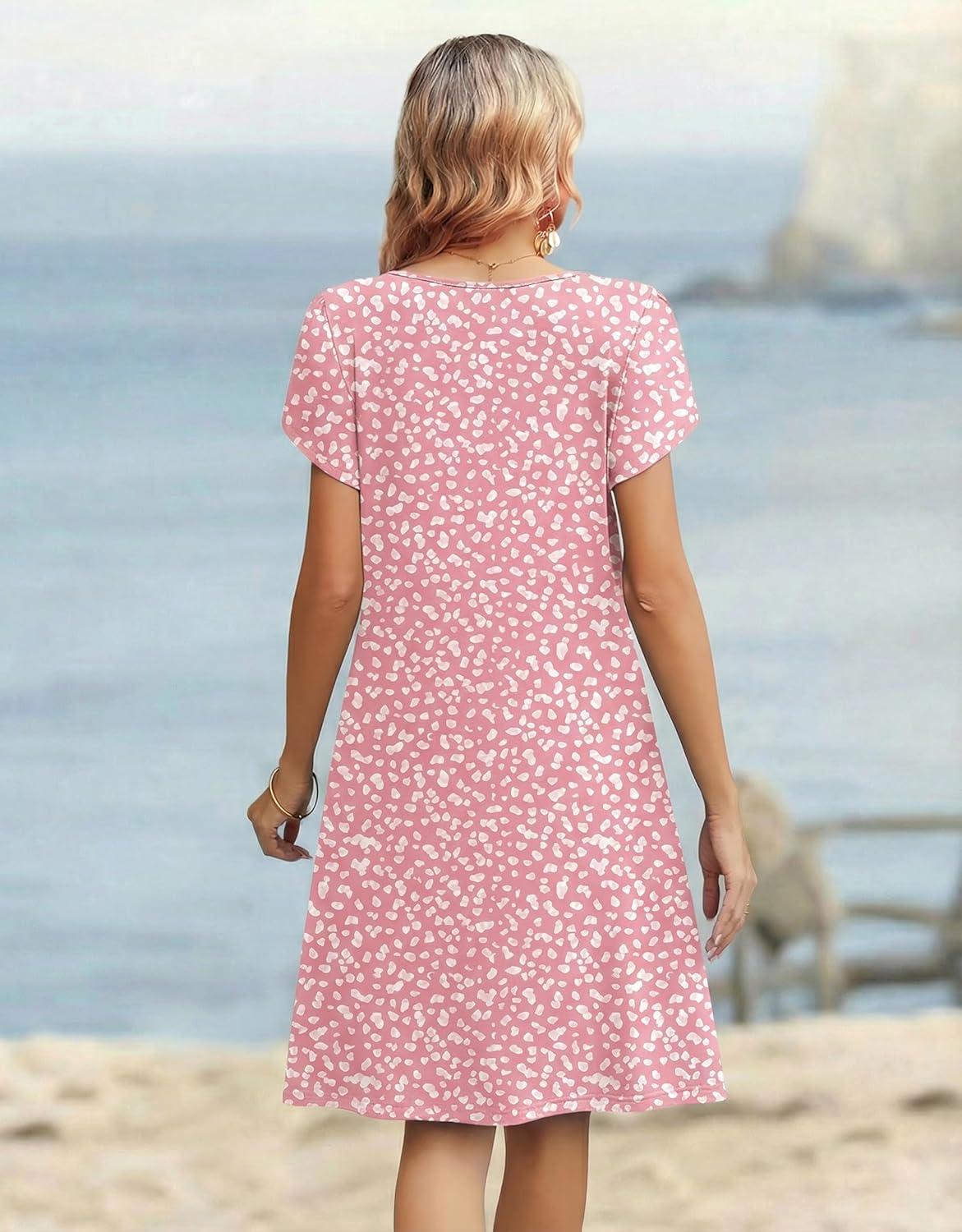 imageZeagoo Womens Casual Dresses with Pockets Summer Floral VNeck ALine Tshirt Dress Short Sleeve Mini Dress Beach SundressPinkwhite