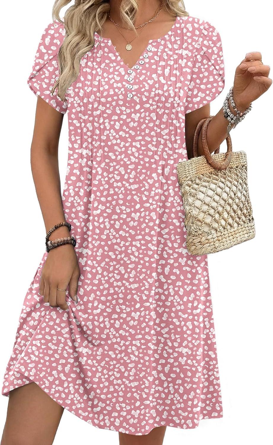 imageZeagoo Womens Casual Dresses with Pockets Summer Floral VNeck ALine Tshirt Dress Short Sleeve Mini Dress Beach SundressPinkwhite