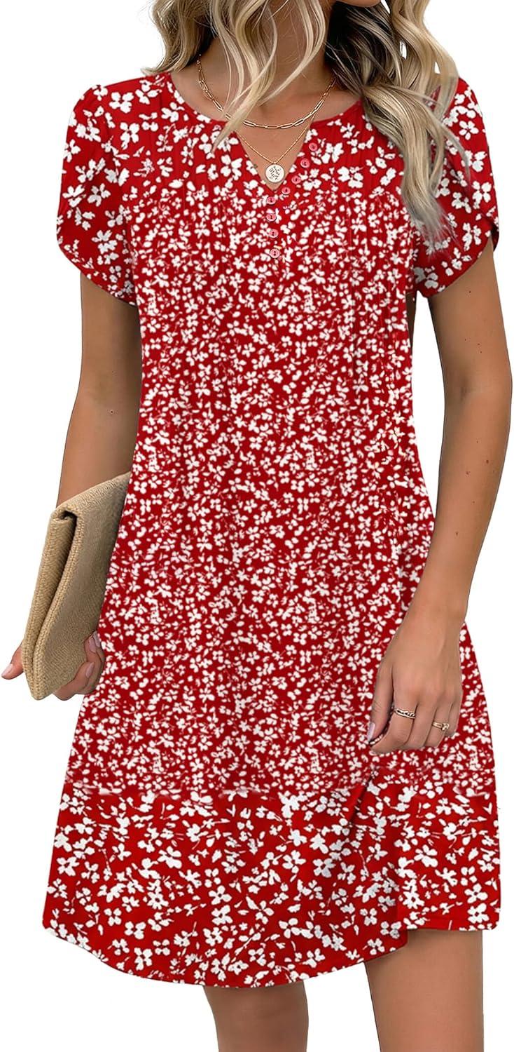 imageZeagoo Womens Casual Dresses with Pockets Summer Floral VNeck ALine Tshirt Dress Short Sleeve Mini Dress Beach SundressRed White Floral