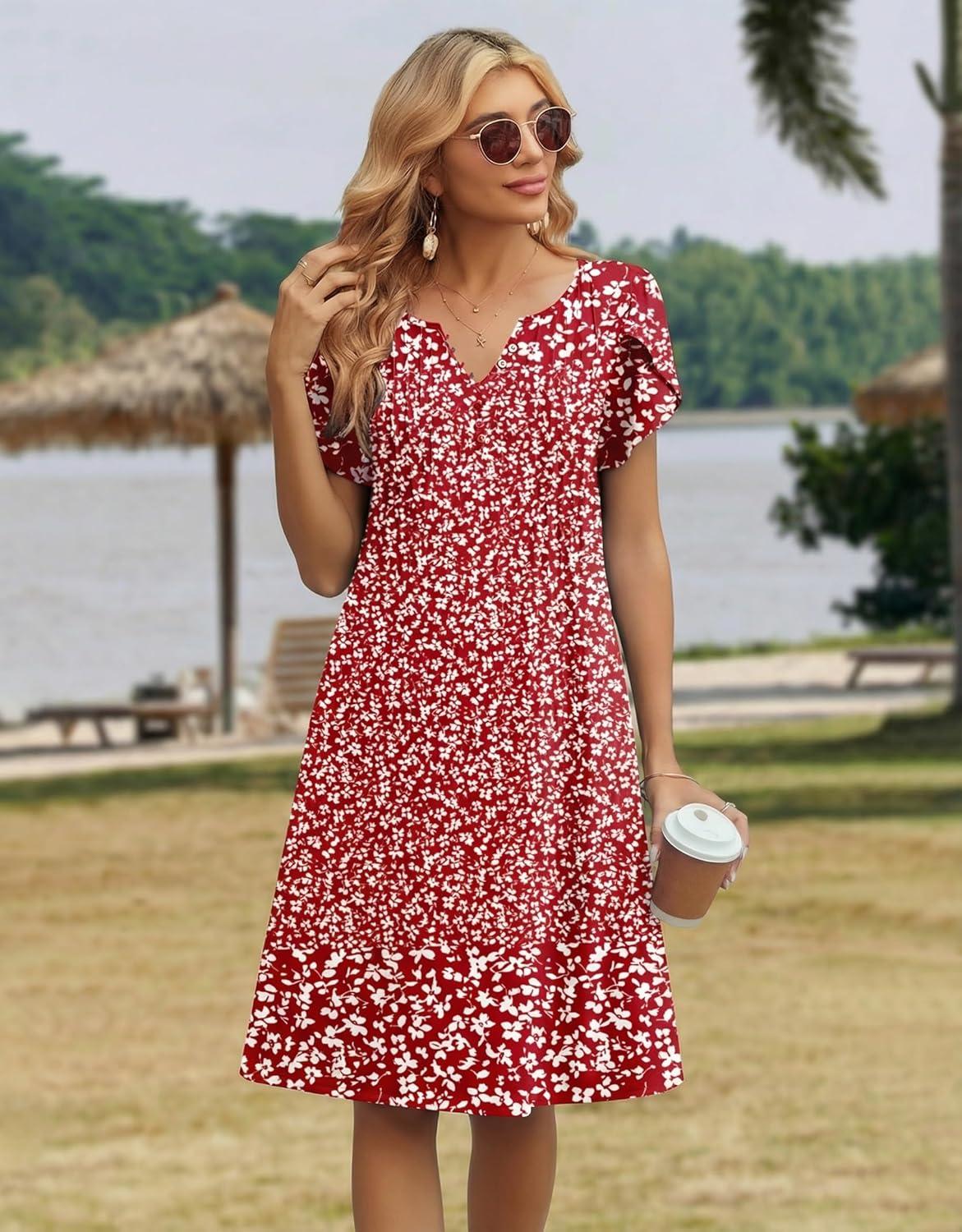 imageZeagoo Womens Casual Dresses with Pockets Summer Floral VNeck ALine Tshirt Dress Short Sleeve Mini Dress Beach SundressRed White Floral