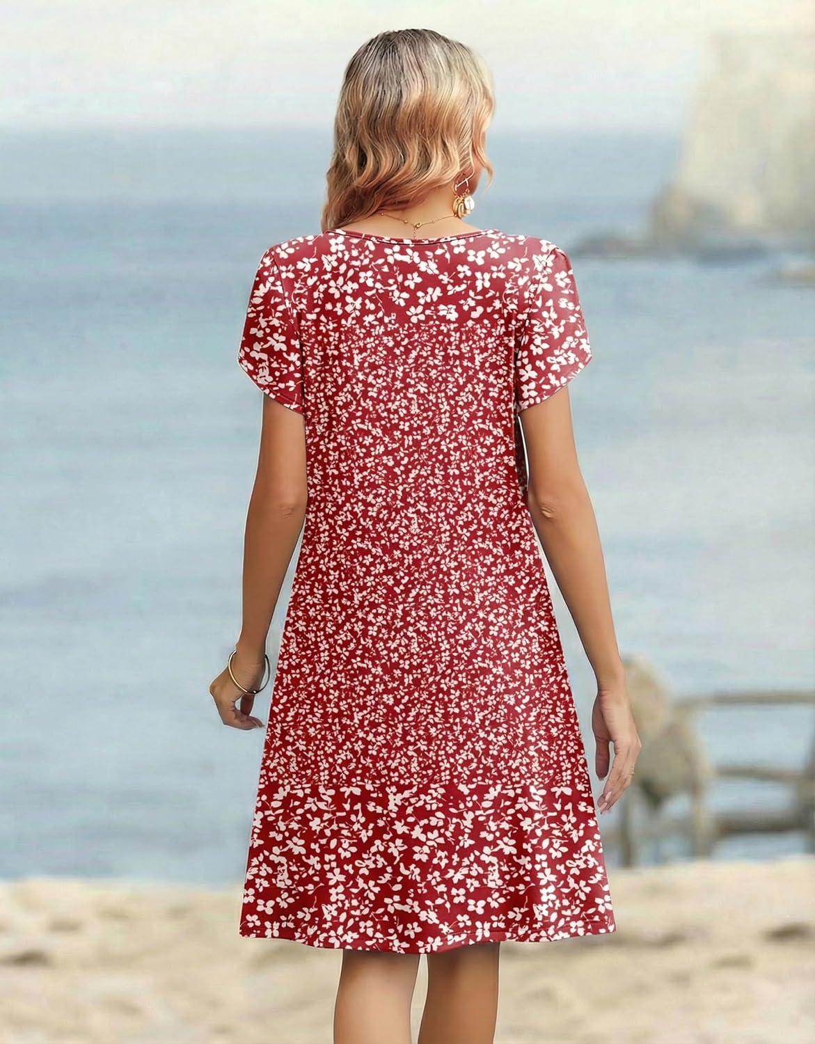 imageZeagoo Womens Casual Dresses with Pockets Summer Floral VNeck ALine Tshirt Dress Short Sleeve Mini Dress Beach SundressRed White Floral