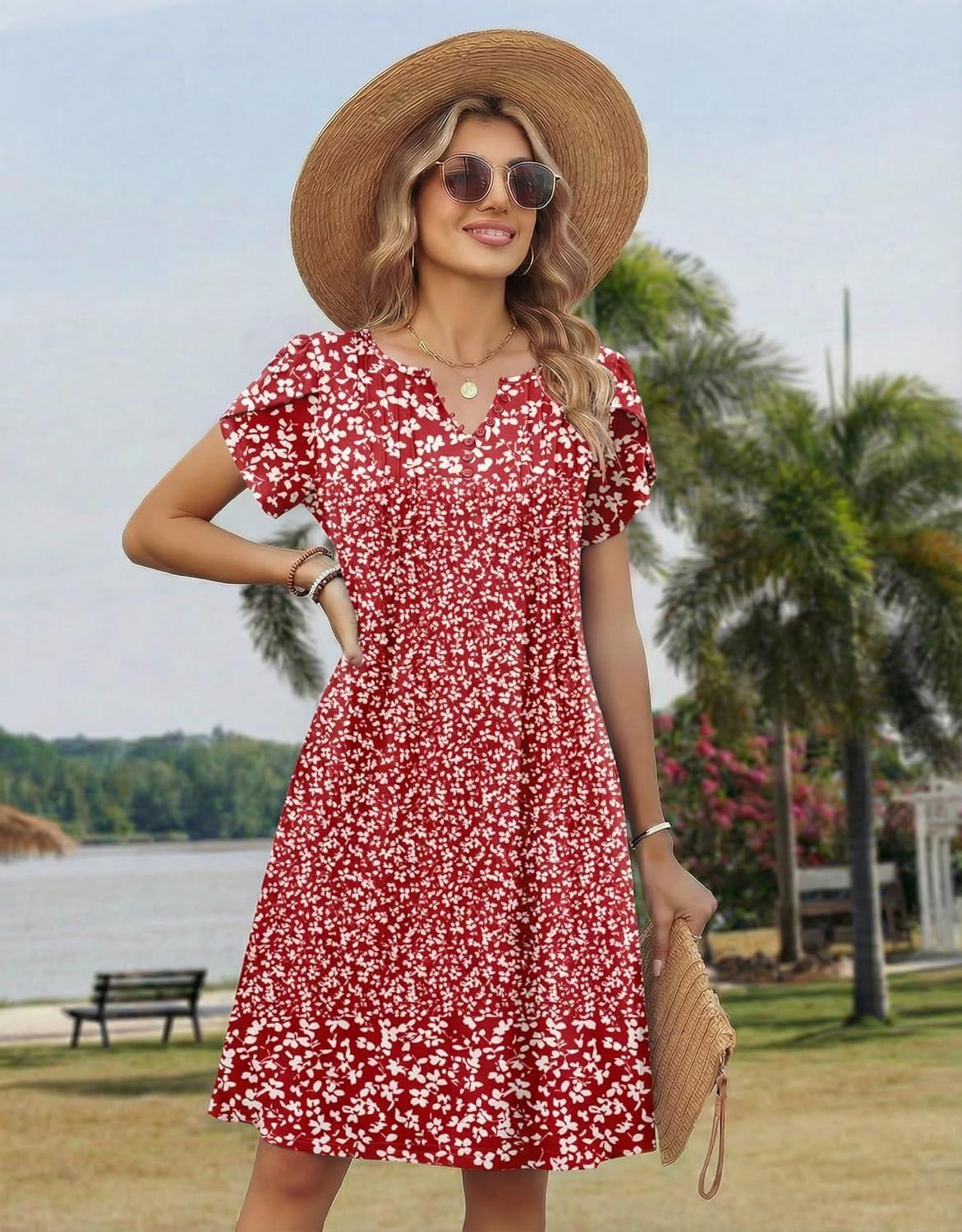 imageZeagoo Womens Casual Dresses with Pockets Summer Floral VNeck ALine Tshirt Dress Short Sleeve Mini Dress Beach SundressRed White Floral