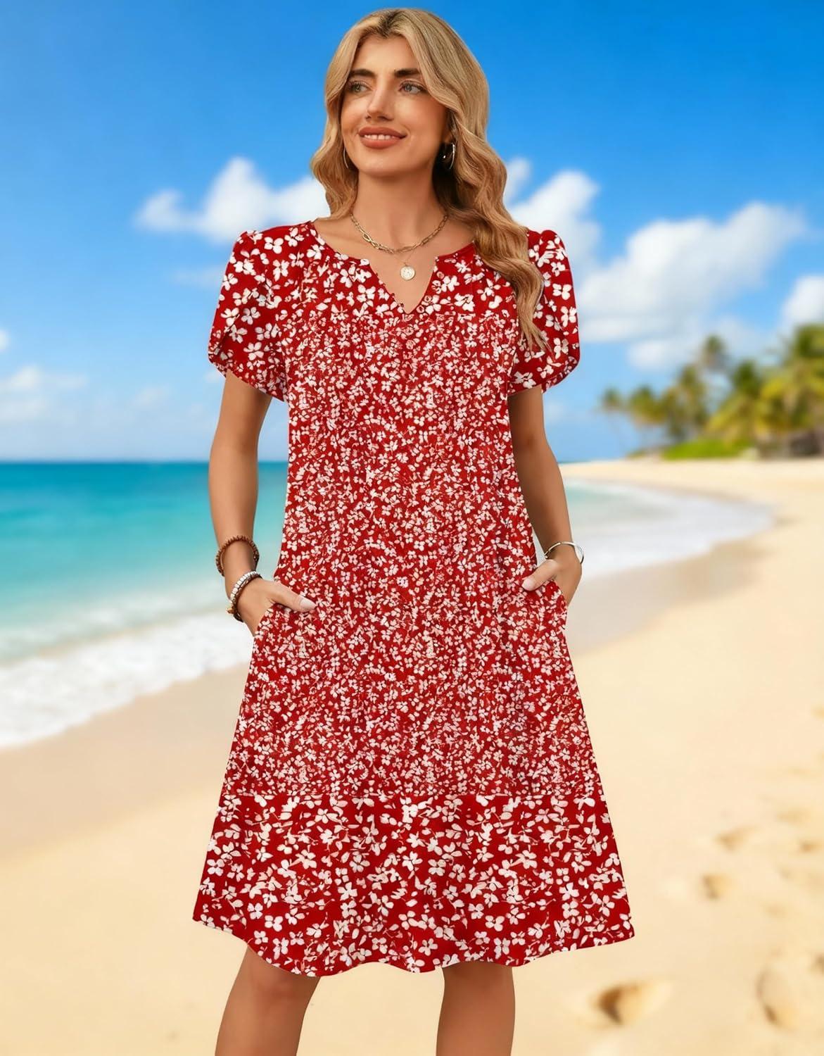 imageZeagoo Womens Casual Dresses with Pockets Summer Floral VNeck ALine Tshirt Dress Short Sleeve Mini Dress Beach SundressRed White Floral