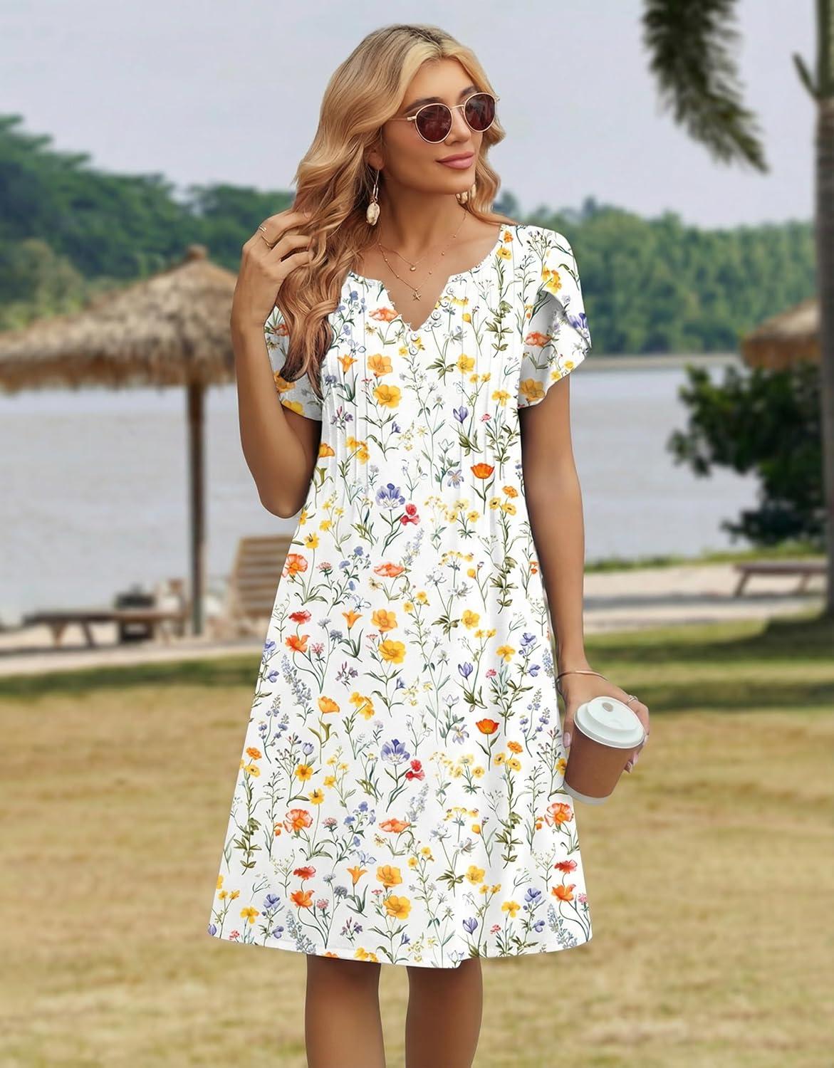 imageZeagoo Womens Casual Dresses with Pockets Summer Floral VNeck ALine Tshirt Dress Short Sleeve Mini Dress Beach SundressWhite Floral