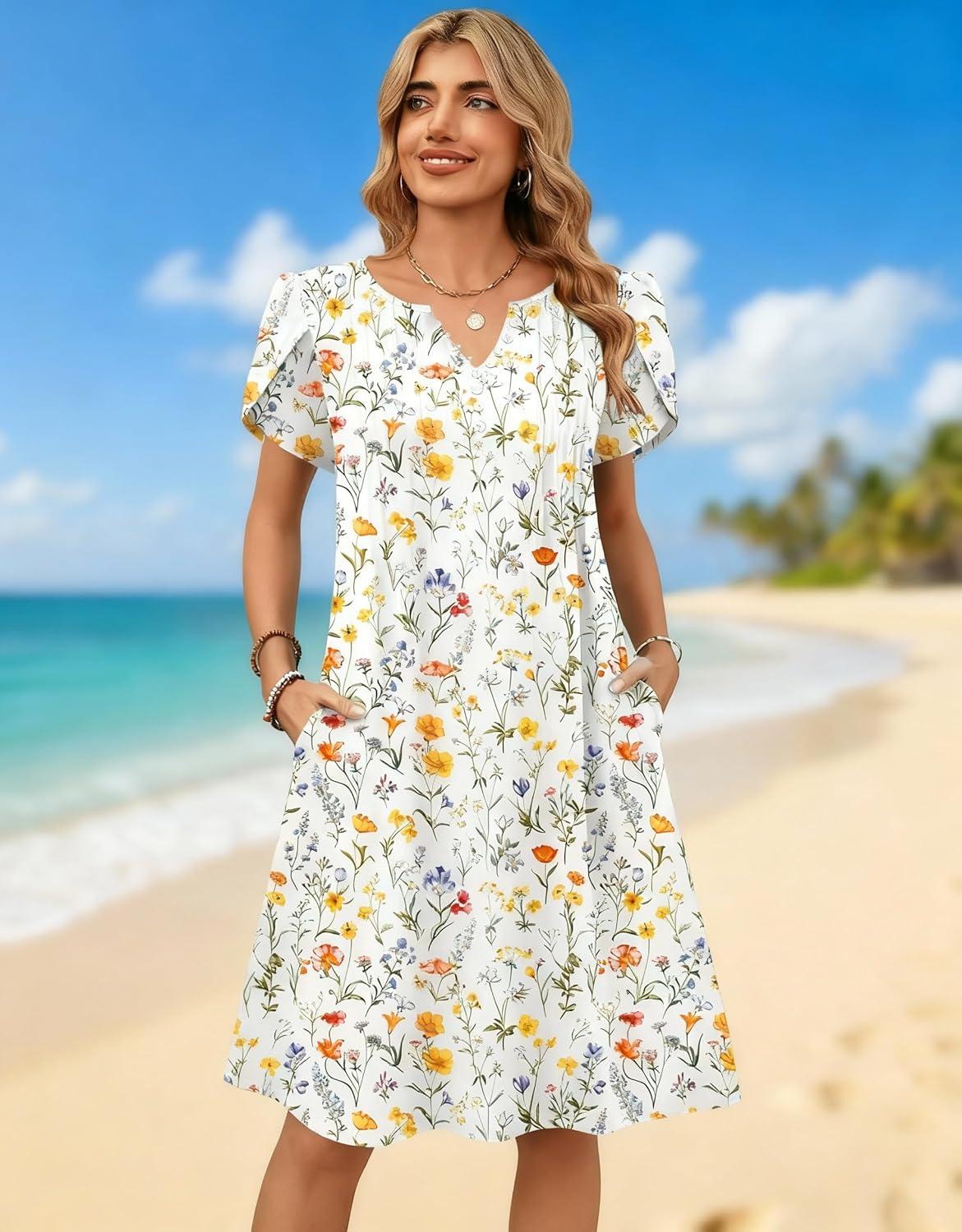 imageZeagoo Womens Casual Dresses with Pockets Summer Floral VNeck ALine Tshirt Dress Short Sleeve Mini Dress Beach SundressWhite Floral