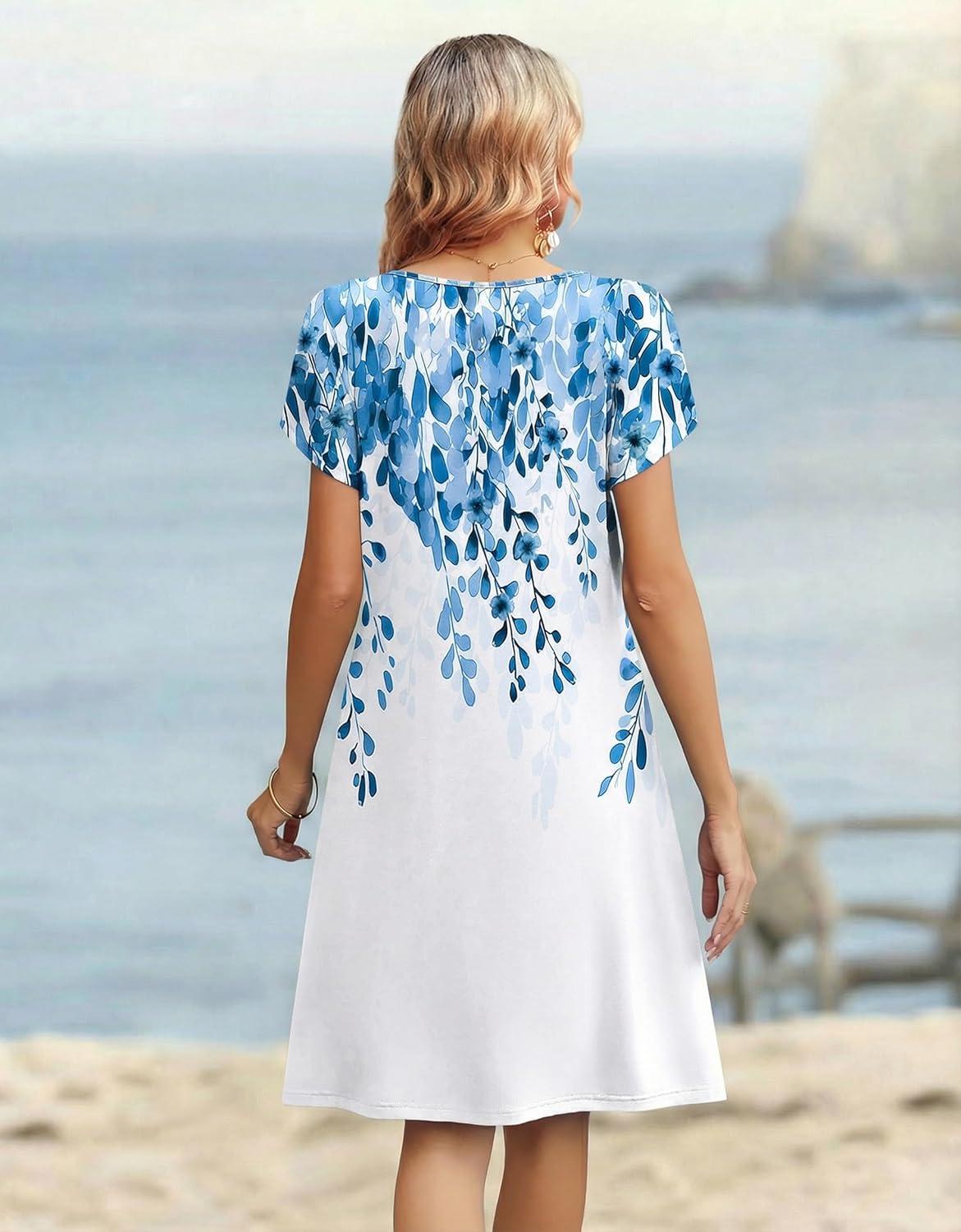 imageZeagoo Womens Casual Dresses with Pockets Summer Floral VNeck ALine Tshirt Dress Short Sleeve Mini Dress Beach SundressWhiteblue Flower