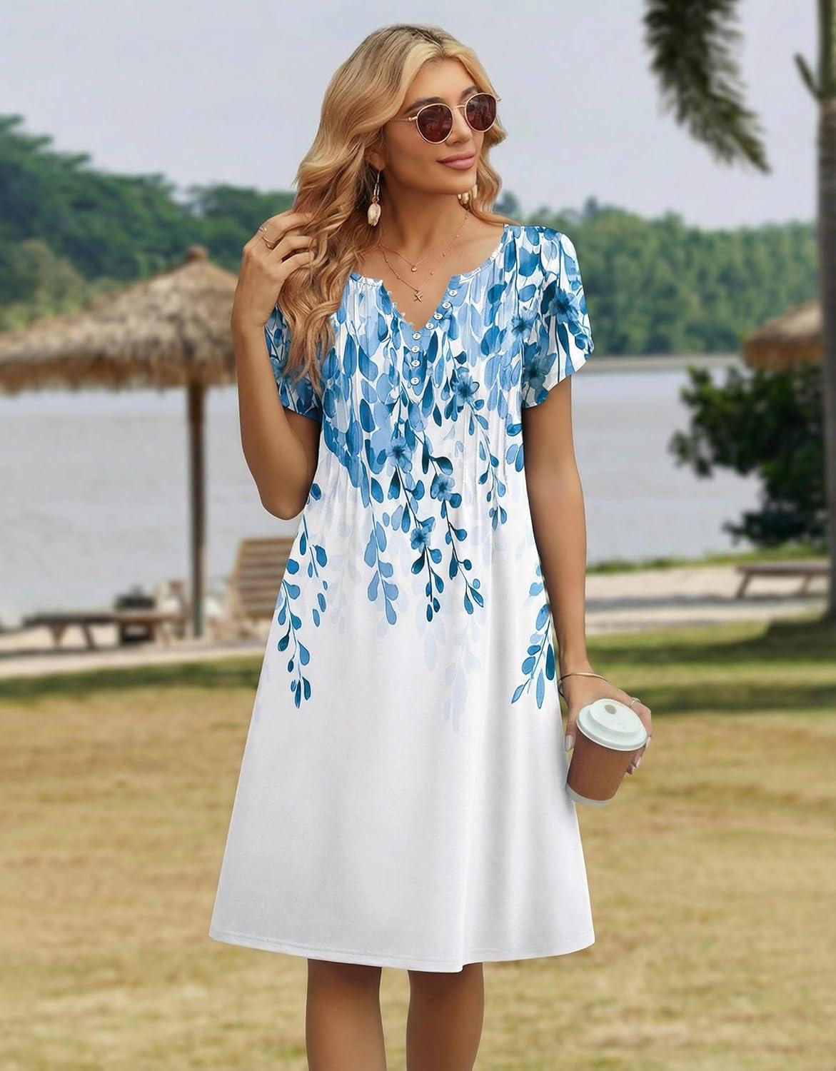 imageZeagoo Womens Casual Dresses with Pockets Summer Floral VNeck ALine Tshirt Dress Short Sleeve Mini Dress Beach SundressWhiteblue Flower