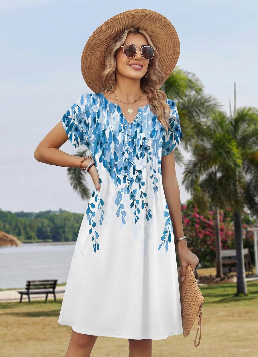 imageZeagoo Womens Casual Dresses with Pockets Summer Floral VNeck ALine Tshirt Dress Short Sleeve Mini Dress Beach SundressWhiteblue Flower
