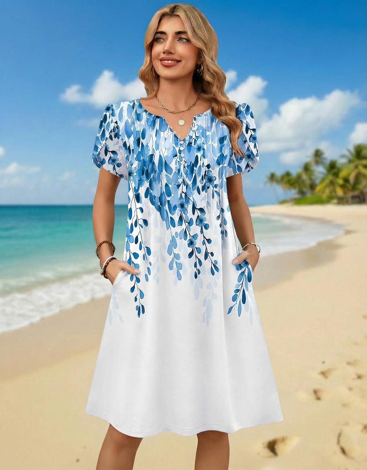 imageZeagoo Womens Casual Dresses with Pockets Summer Floral VNeck ALine Tshirt Dress Short Sleeve Mini Dress Beach SundressWhiteblue Flower