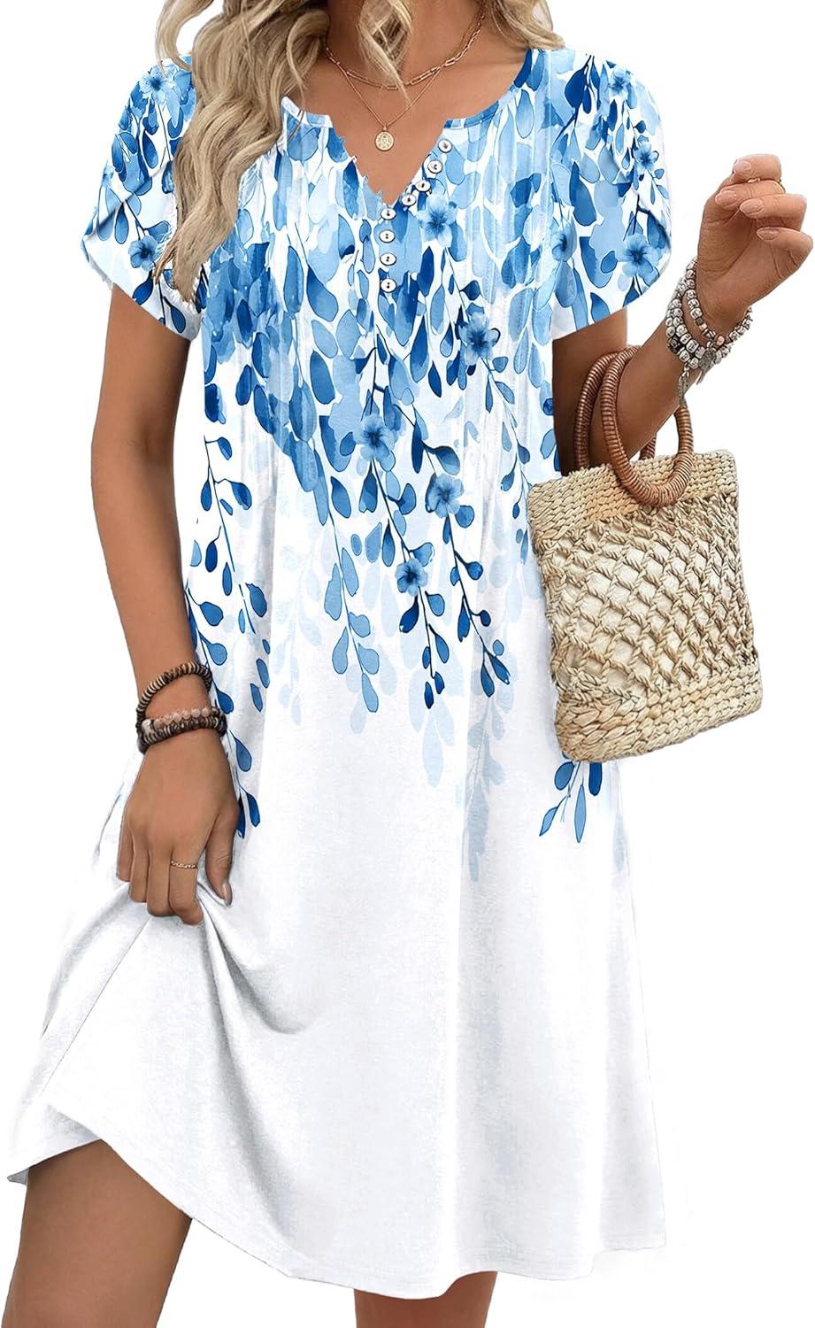 imageZeagoo Womens Casual Dresses with Pockets Summer Floral VNeck ALine Tshirt Dress Short Sleeve Mini Dress Beach SundressWhiteblue Flower