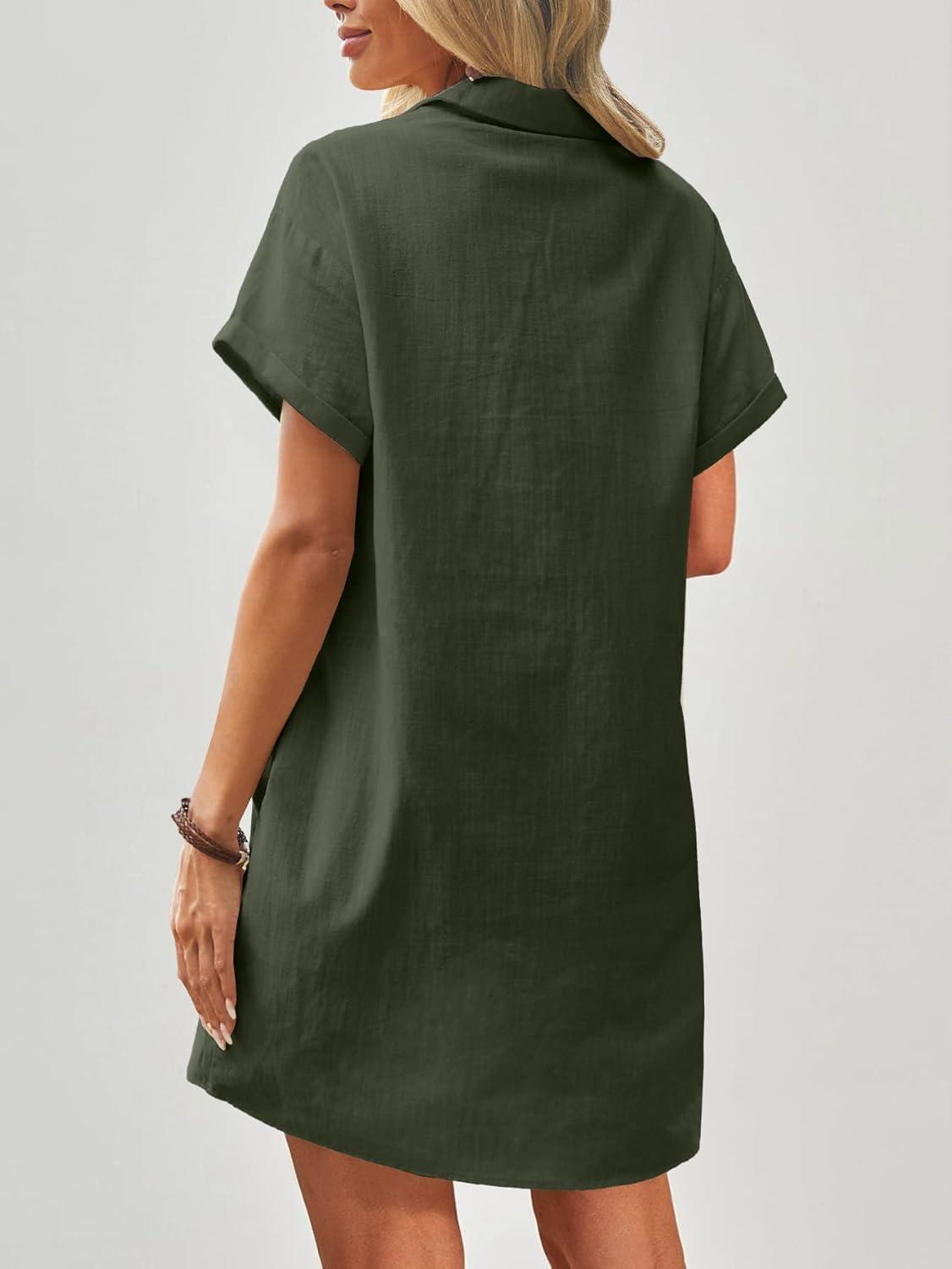 imageZeagoo Womens Cotton Shirt Dress Summer Casual Short Sleeve Button Down Beach Cover Up Shirts with PocketsArmy Green