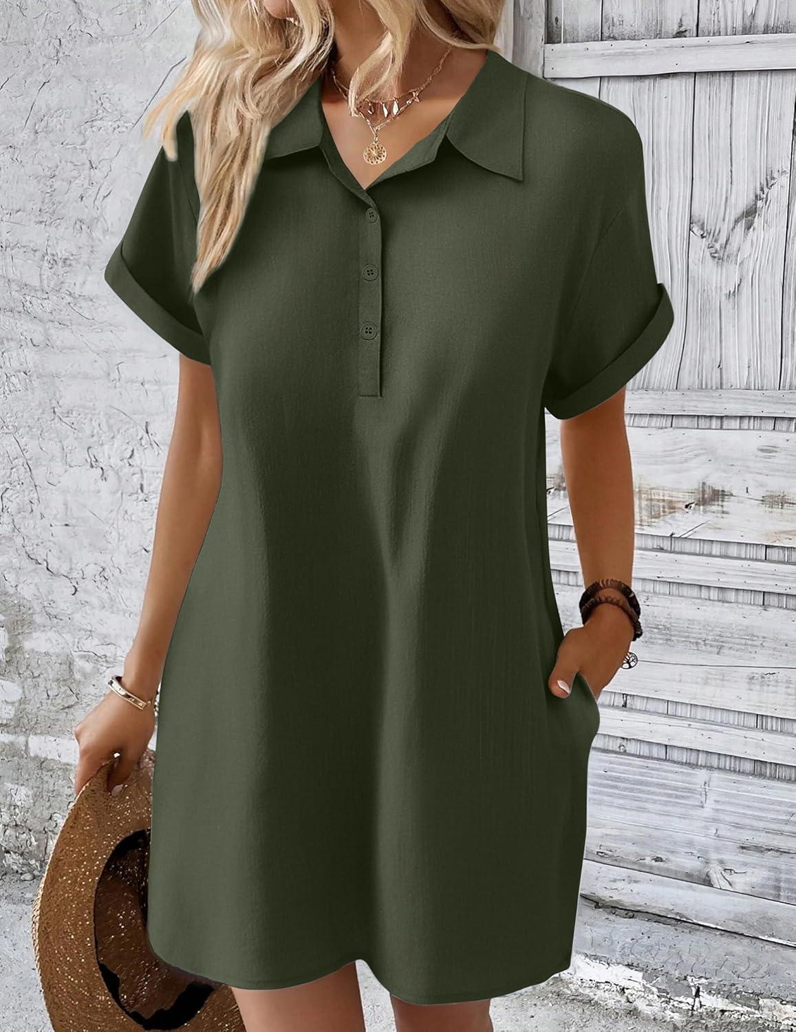 imageZeagoo Womens Cotton Shirt Dress Summer Casual Short Sleeve Button Down Beach Cover Up Shirts with PocketsArmy Green