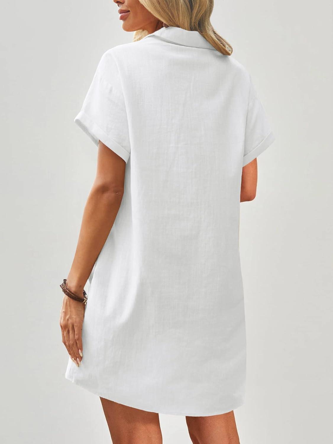imageZeagoo Womens Cotton Shirt Dress Summer Casual Short Sleeve Button Down Beach Cover Up Shirts with PocketsAwhite