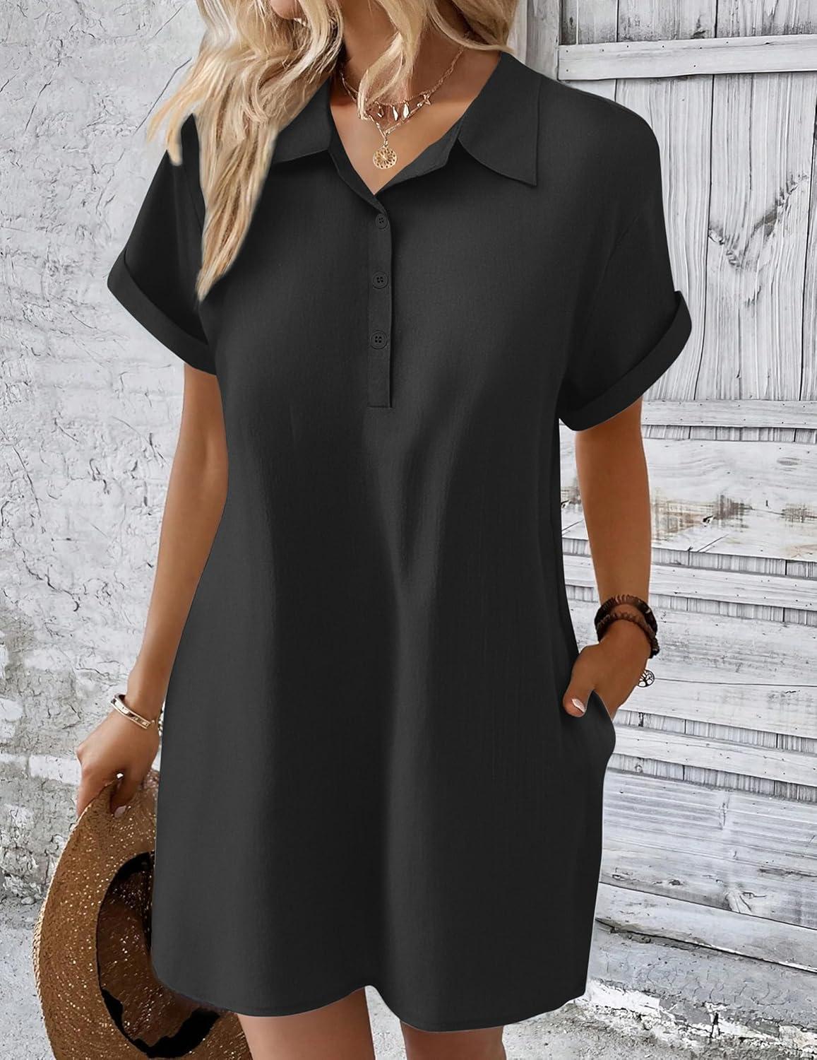 imageZeagoo Womens Cotton Shirt Dress Summer Casual Short Sleeve Button Down Beach Cover Up Shirts with PocketsBlack