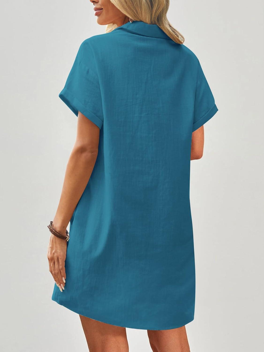 imageZeagoo Womens Cotton Shirt Dress Summer Casual Short Sleeve Button Down Beach Cover Up Shirts with PocketsBlue Green