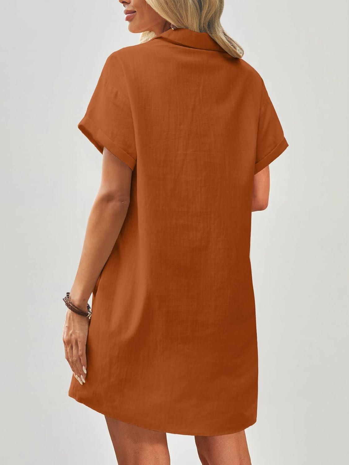 imageZeagoo Womens Cotton Shirt Dress Summer Casual Short Sleeve Button Down Beach Cover Up Shirts with PocketsBrown