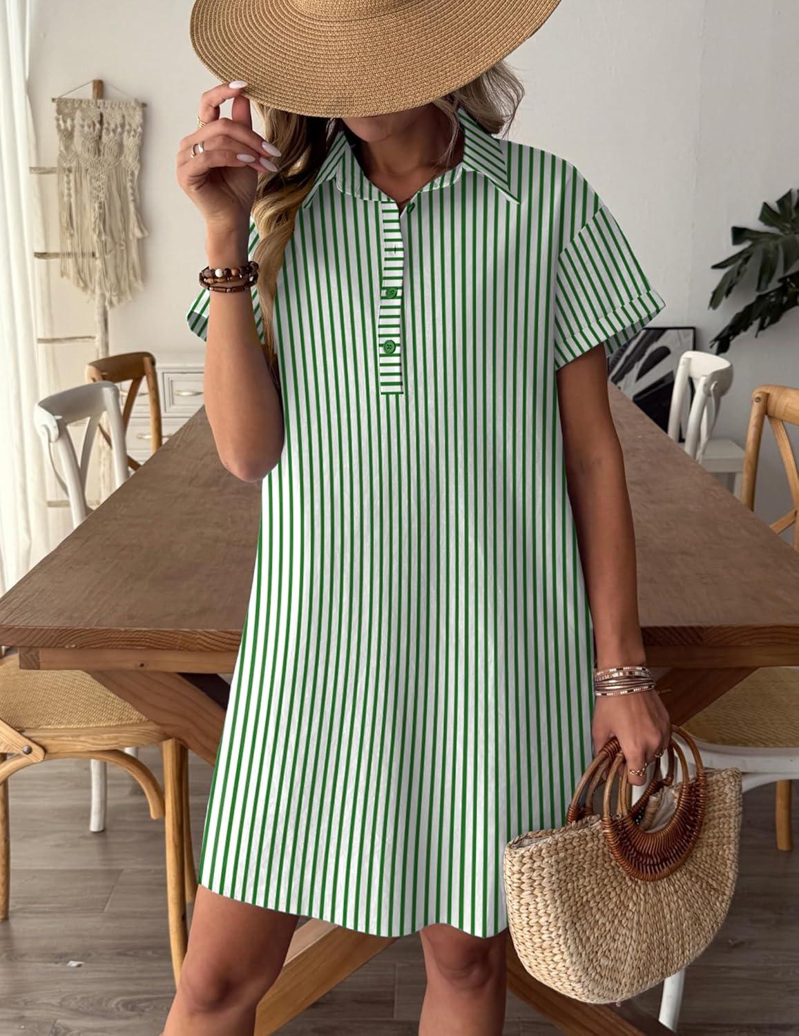imageZeagoo Womens Cotton Shirt Dress Summer Casual Short Sleeve Button Down Beach Cover Up Shirts with PocketsGreen White Stripe