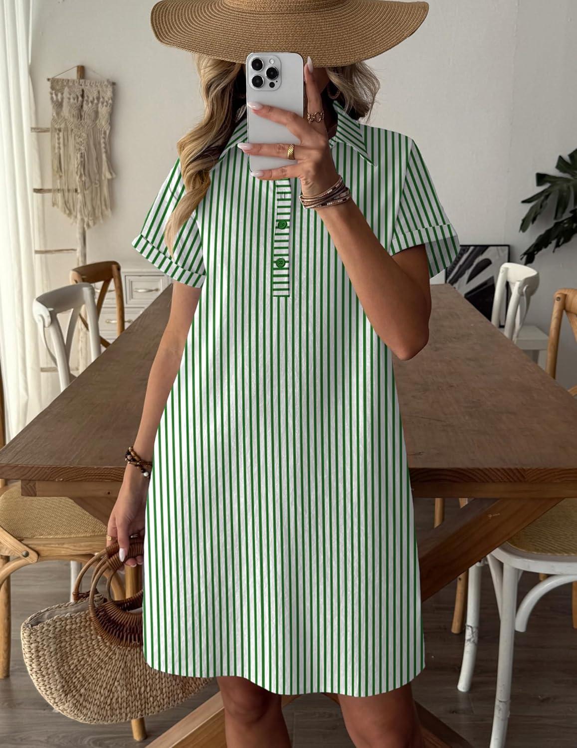 imageZeagoo Womens Cotton Shirt Dress Summer Casual Short Sleeve Button Down Beach Cover Up Shirts with PocketsGreen White Stripe