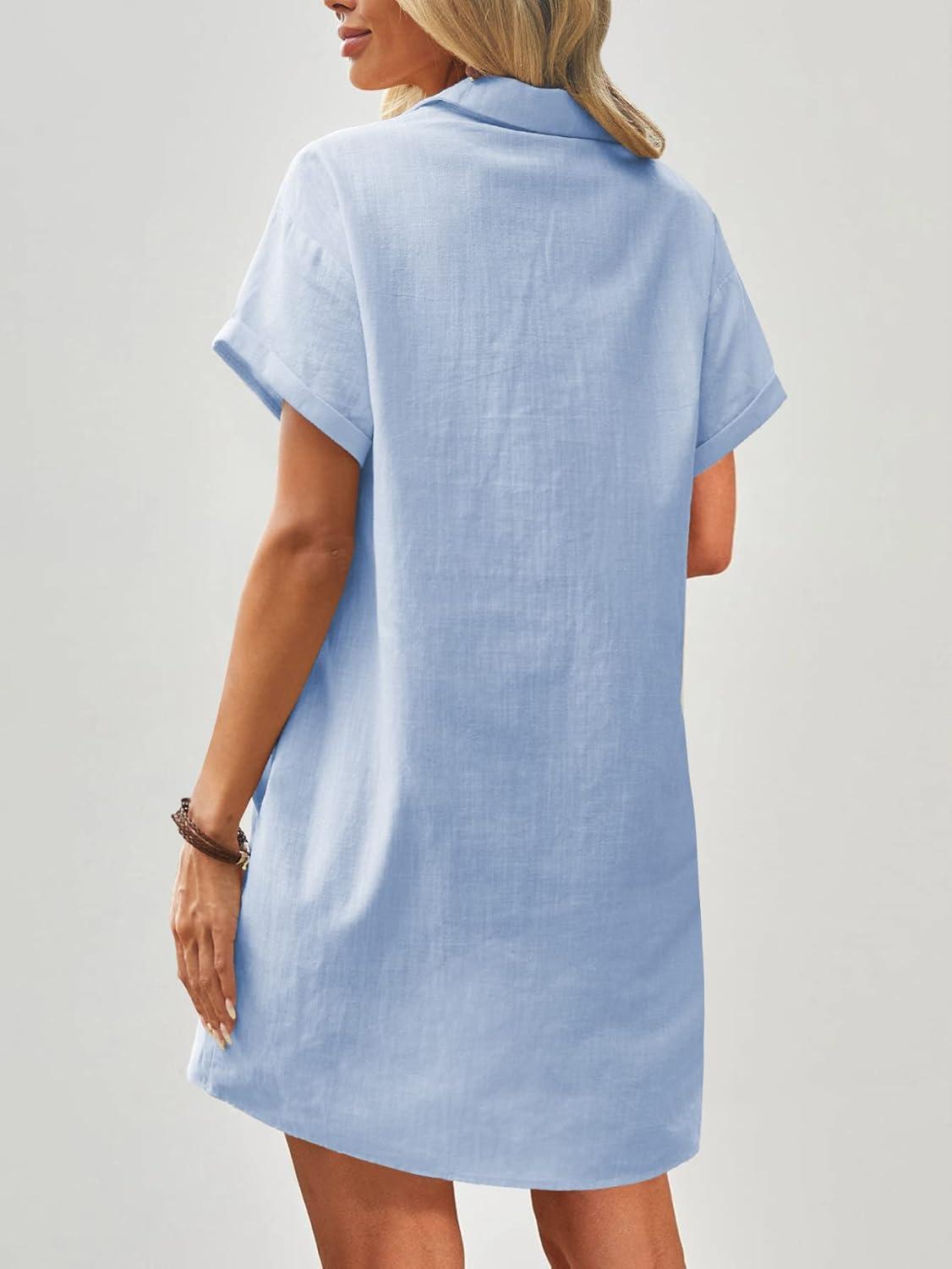imageZeagoo Womens Cotton Shirt Dress Summer Casual Short Sleeve Button Down Beach Cover Up Shirts with PocketsLight Blue