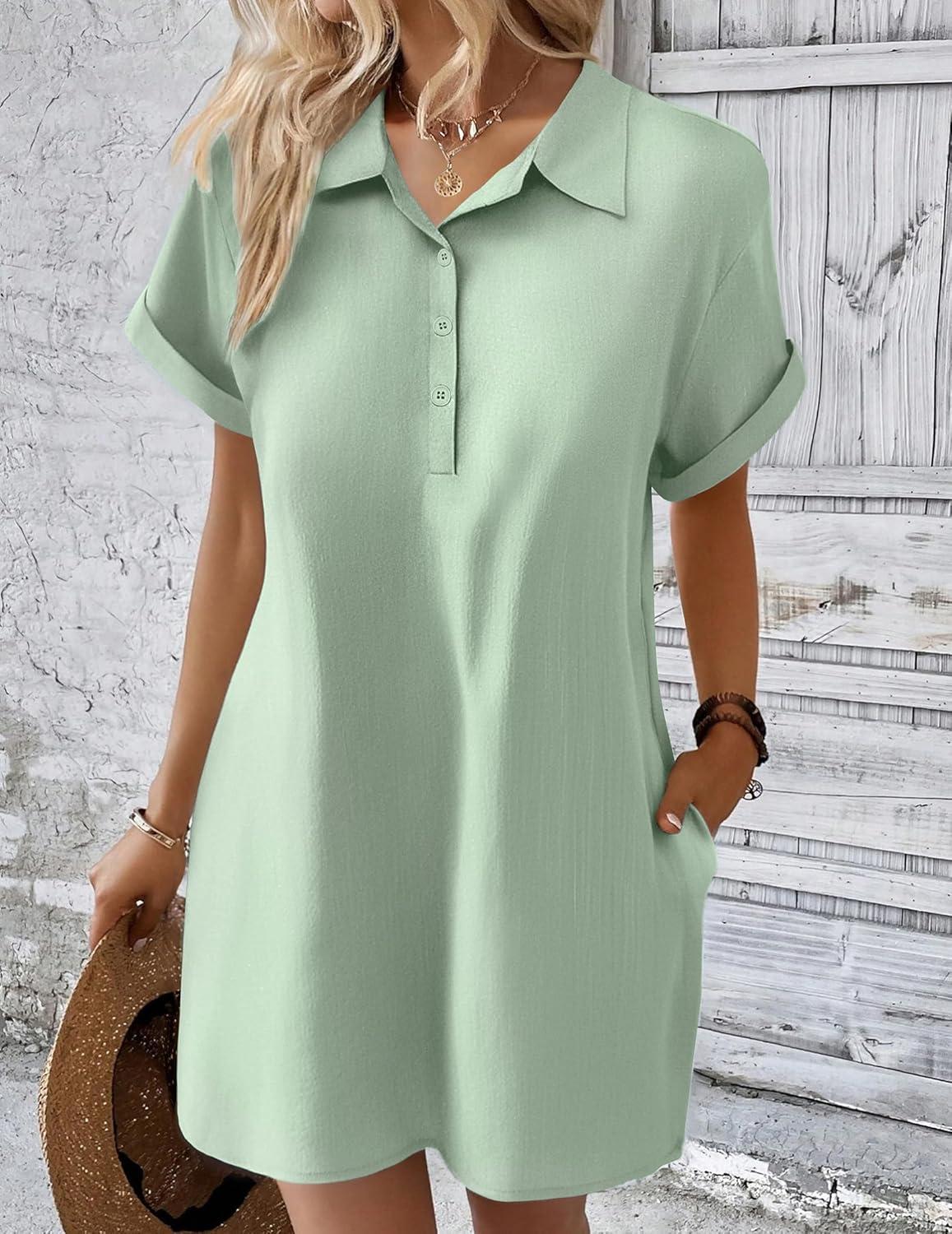 imageZeagoo Womens Cotton Shirt Dress Summer Casual Short Sleeve Button Down Beach Cover Up Shirts with PocketsLight Green