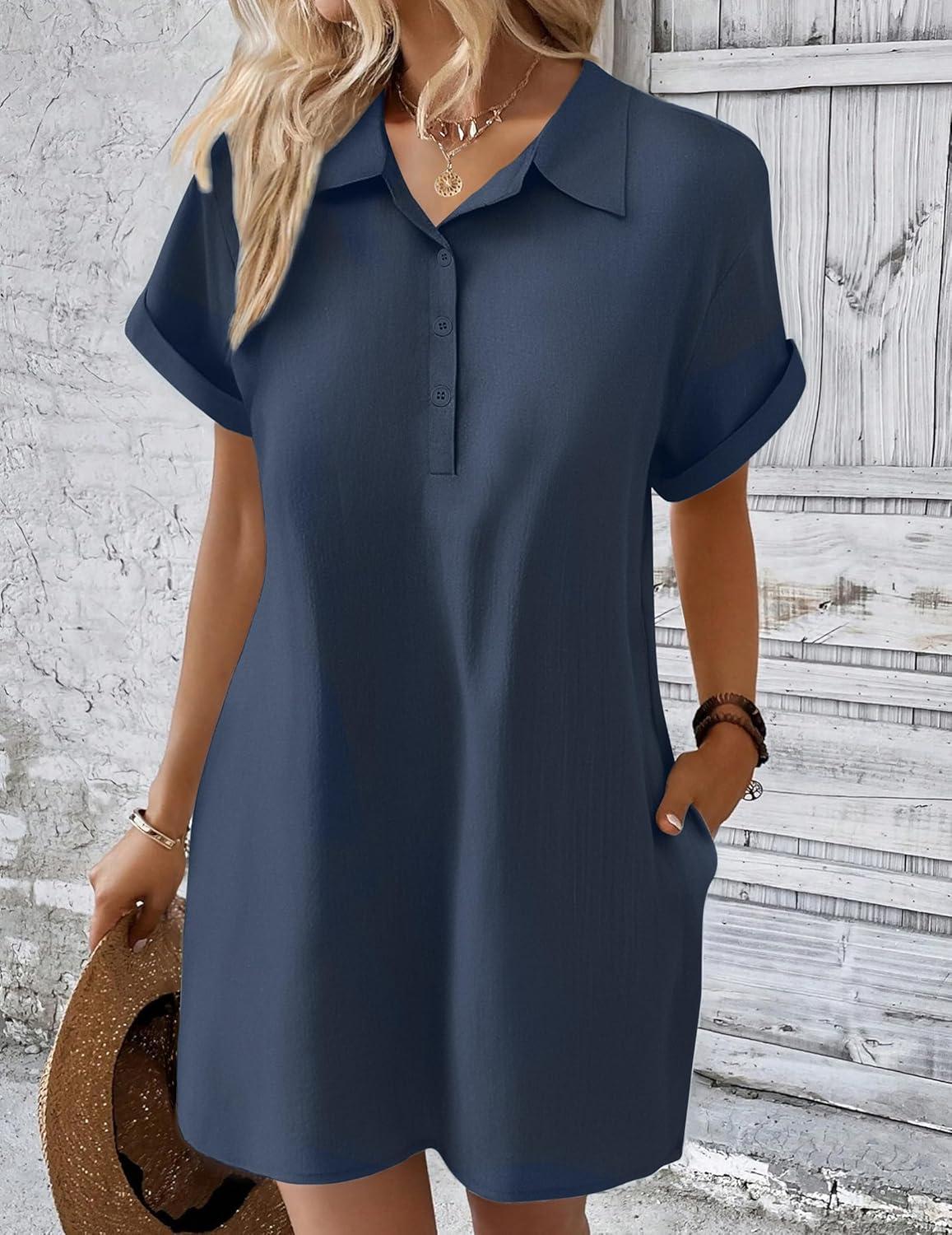 imageZeagoo Womens Cotton Shirt Dress Summer Casual Short Sleeve Button Down Beach Cover Up Shirts with PocketsNavy Blue