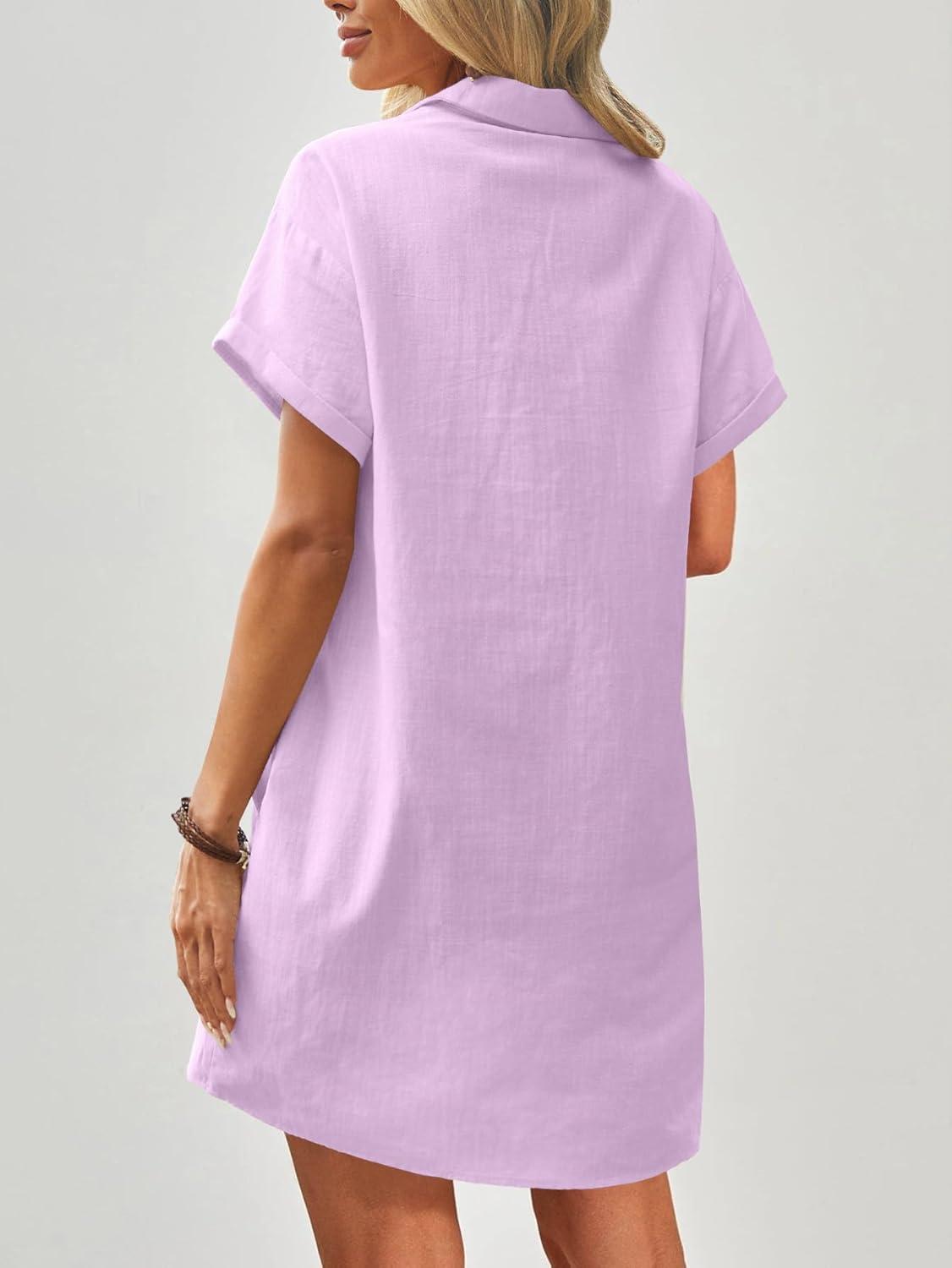 imageZeagoo Womens Cotton Shirt Dress Summer Casual Short Sleeve Button Down Beach Cover Up Shirts with PocketsPurple