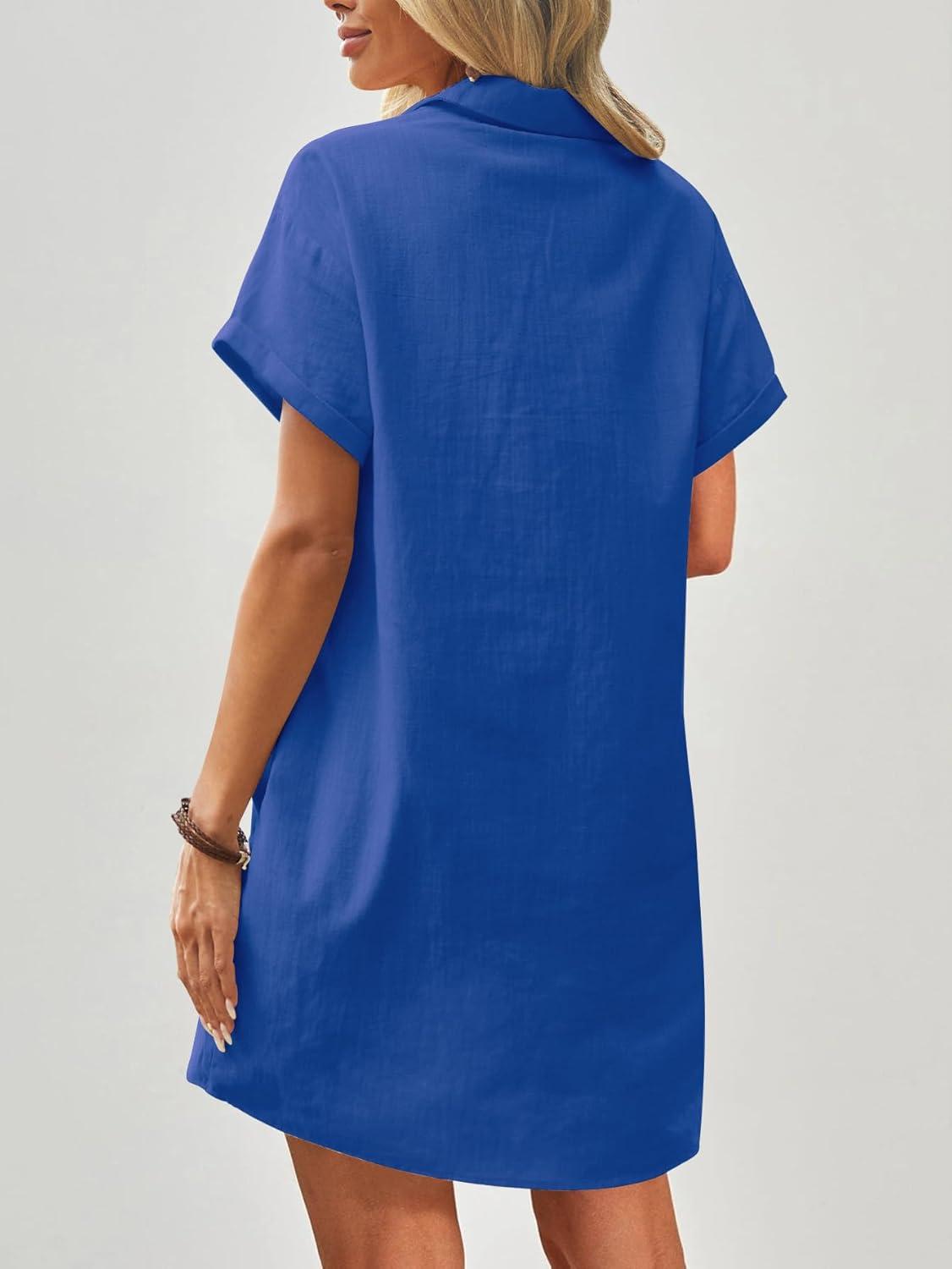 imageZeagoo Womens Cotton Shirt Dress Summer Casual Short Sleeve Button Down Beach Cover Up Shirts with PocketsRoyal Blue