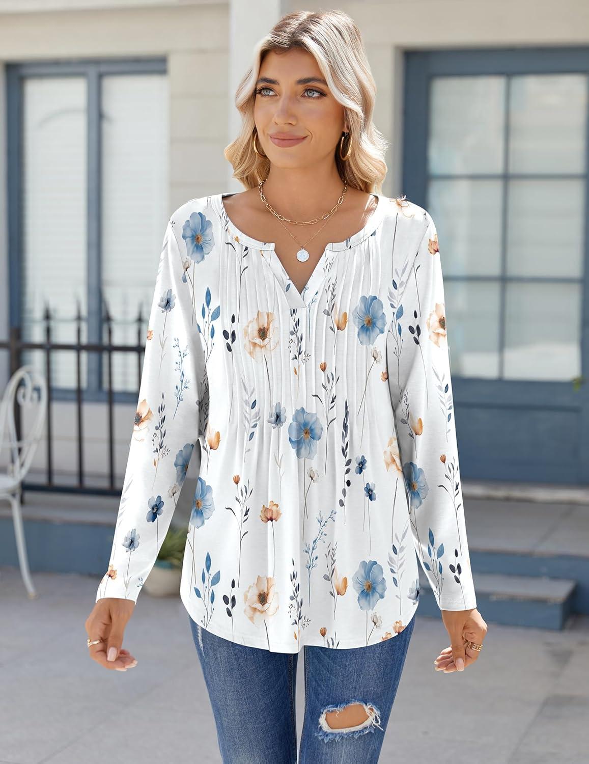 imageZeagoo Womens Long Sleeve Tops 2025 V Neck Pleated Shirts Dressy Casual Tunic Blouses Loose Fit Fall Fashion ClothesAawhite Floralprinted