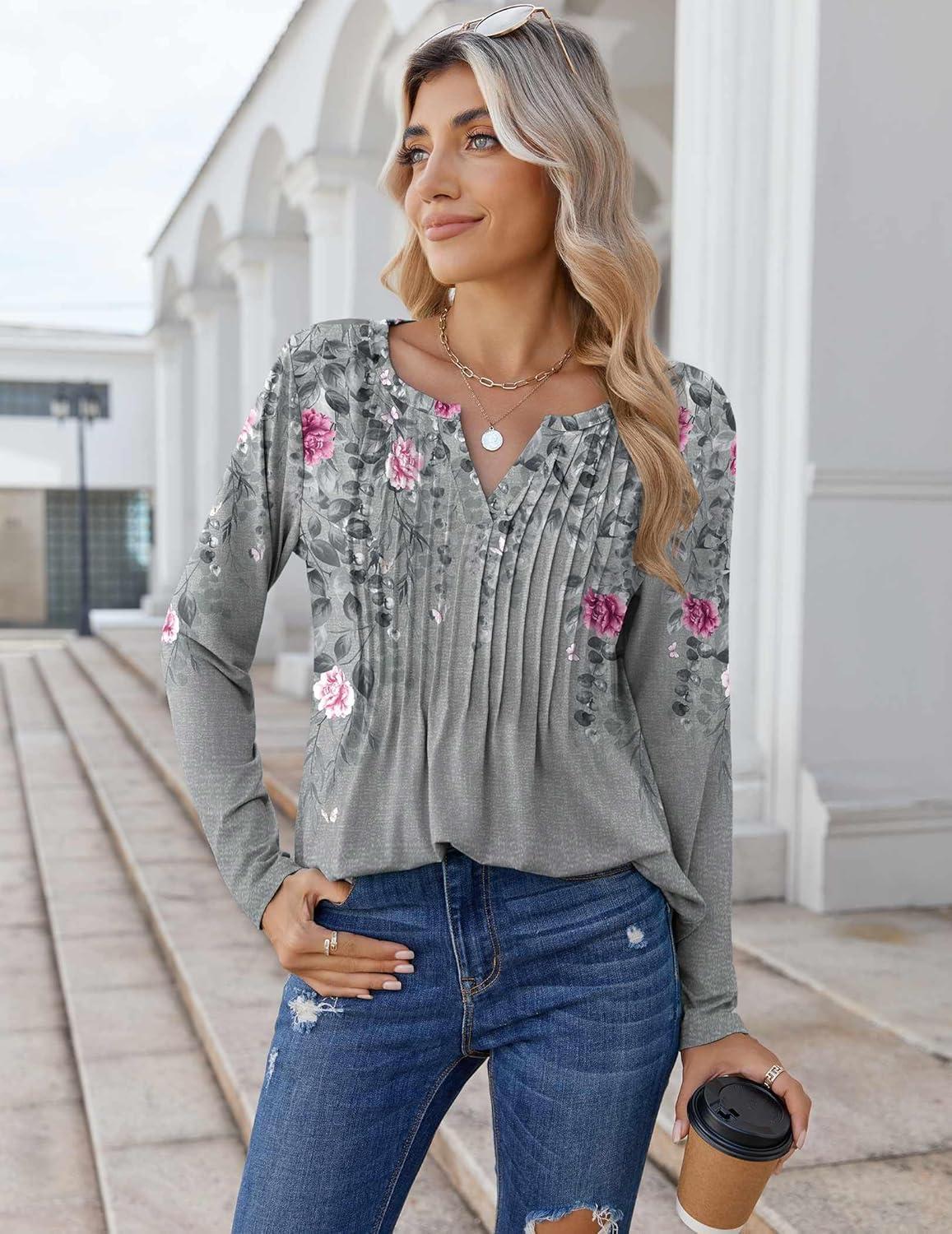imageZeagoo Womens Long Sleeve Tops 2025 V Neck Pleated Shirts Dressy Casual Tunic Blouses Loose Fit Fall Fashion ClothesHf36
