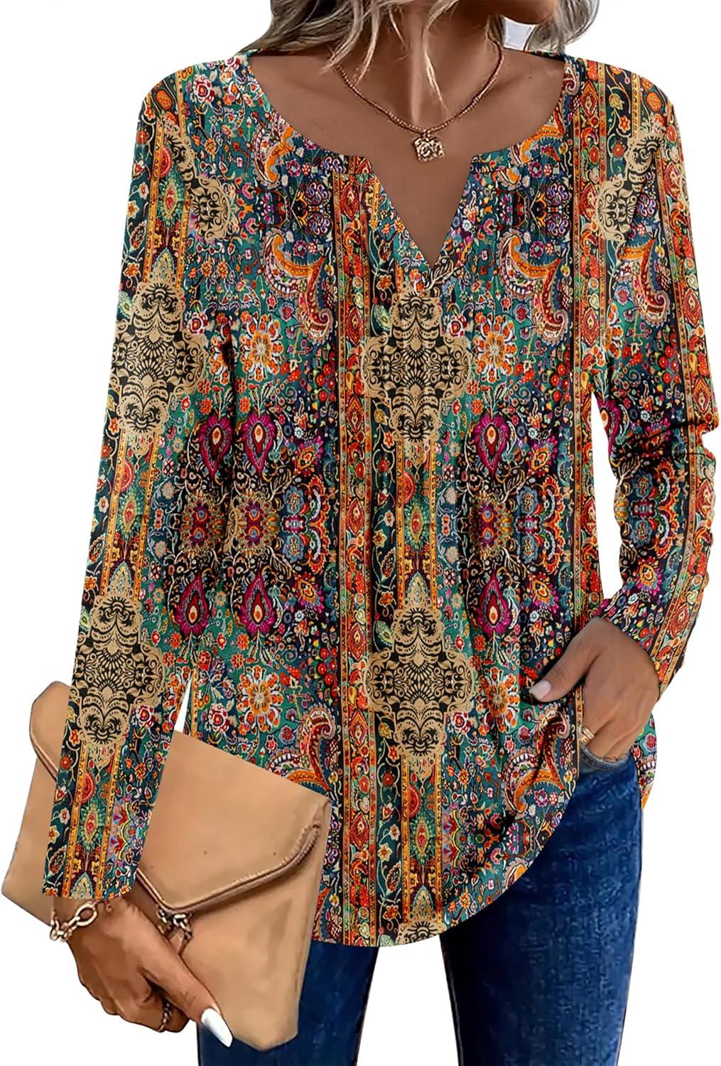 imageZeagoo Womens Long Sleeve Tops 2025 V Neck Pleated Shirts Dressy Casual Tunic Blouses Loose Fit Fall Fashion ClothesMz721