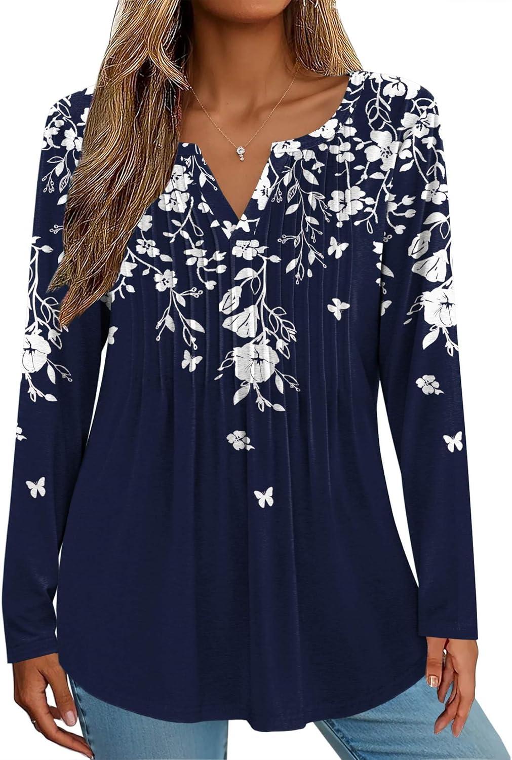 imageZeagoo Womens Long Sleeve Tops 2025 V Neck Pleated Shirts Dressy Casual Tunic Blouses Loose Fit Fall Fashion ClothesSf103
