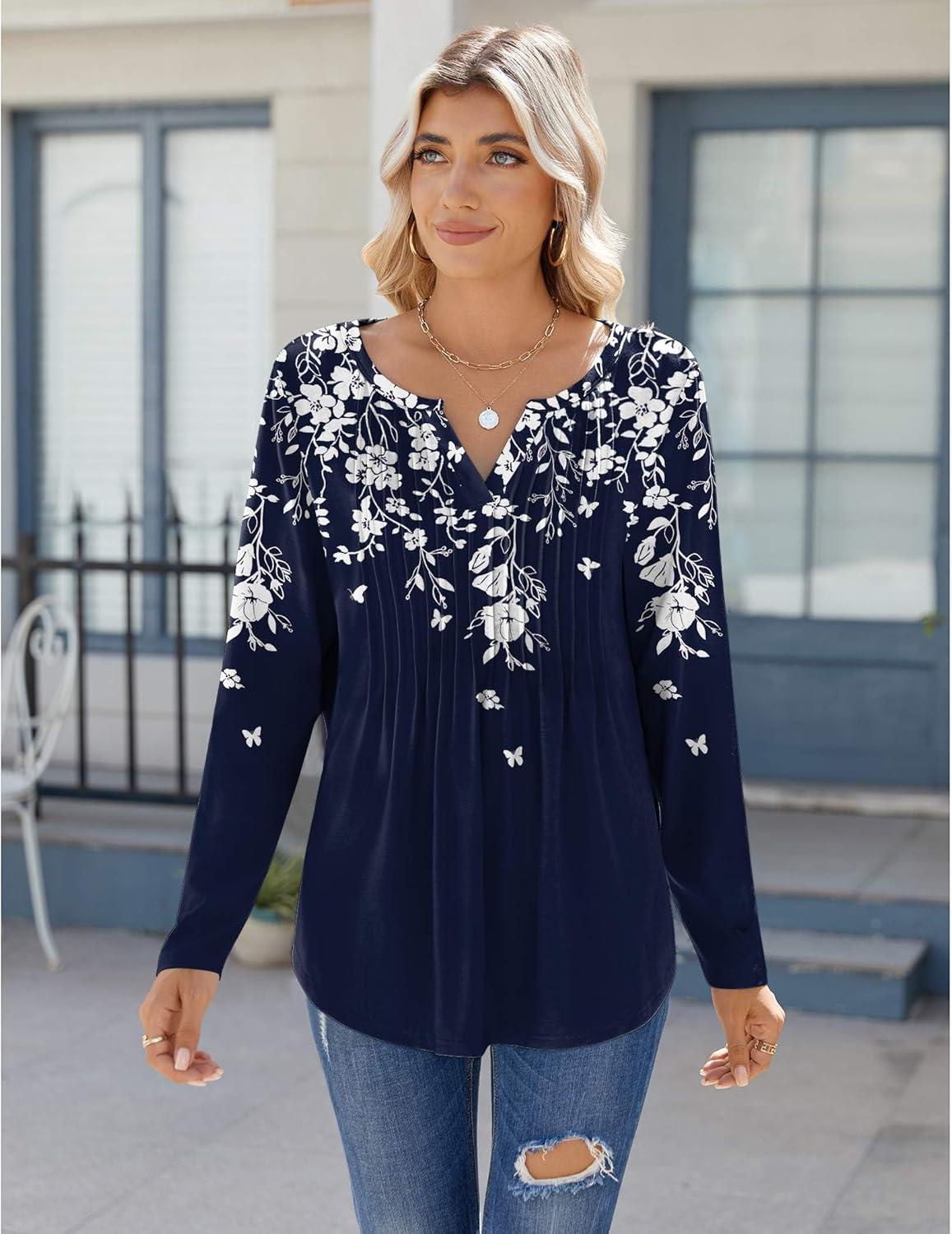 imageZeagoo Womens Long Sleeve Tops 2025 V Neck Pleated Shirts Dressy Casual Tunic Blouses Loose Fit Fall Fashion ClothesSf103