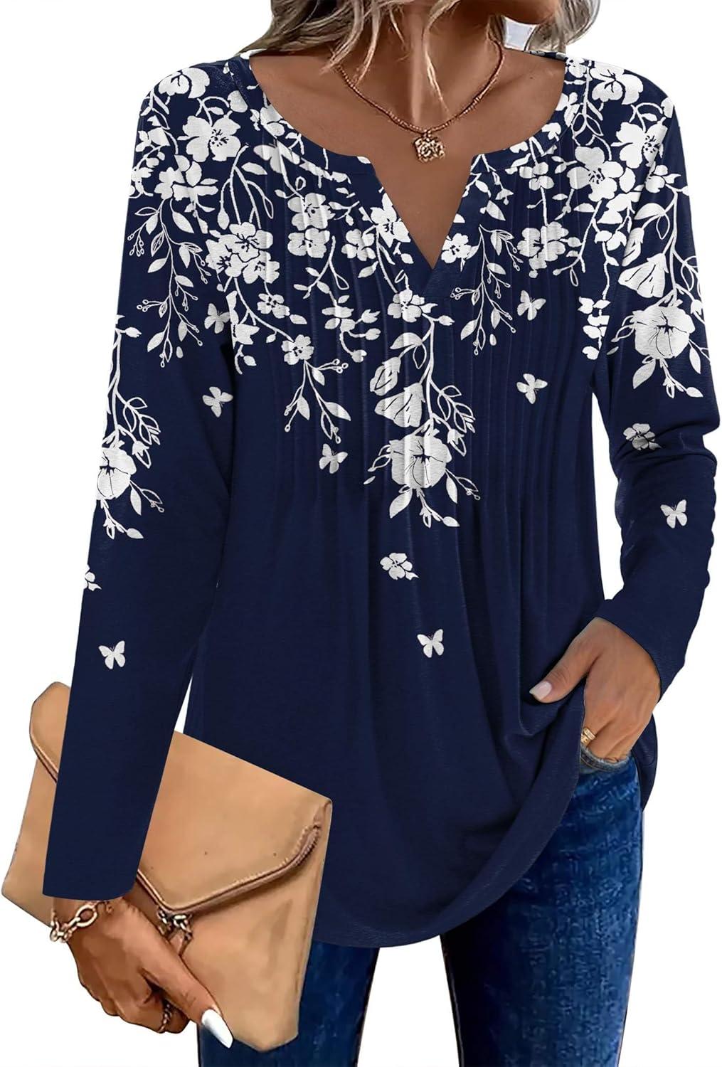 imageZeagoo Womens Long Sleeve Tops 2025 V Neck Pleated Shirts Dressy Casual Tunic Blouses Loose Fit Fall Fashion ClothesSf103